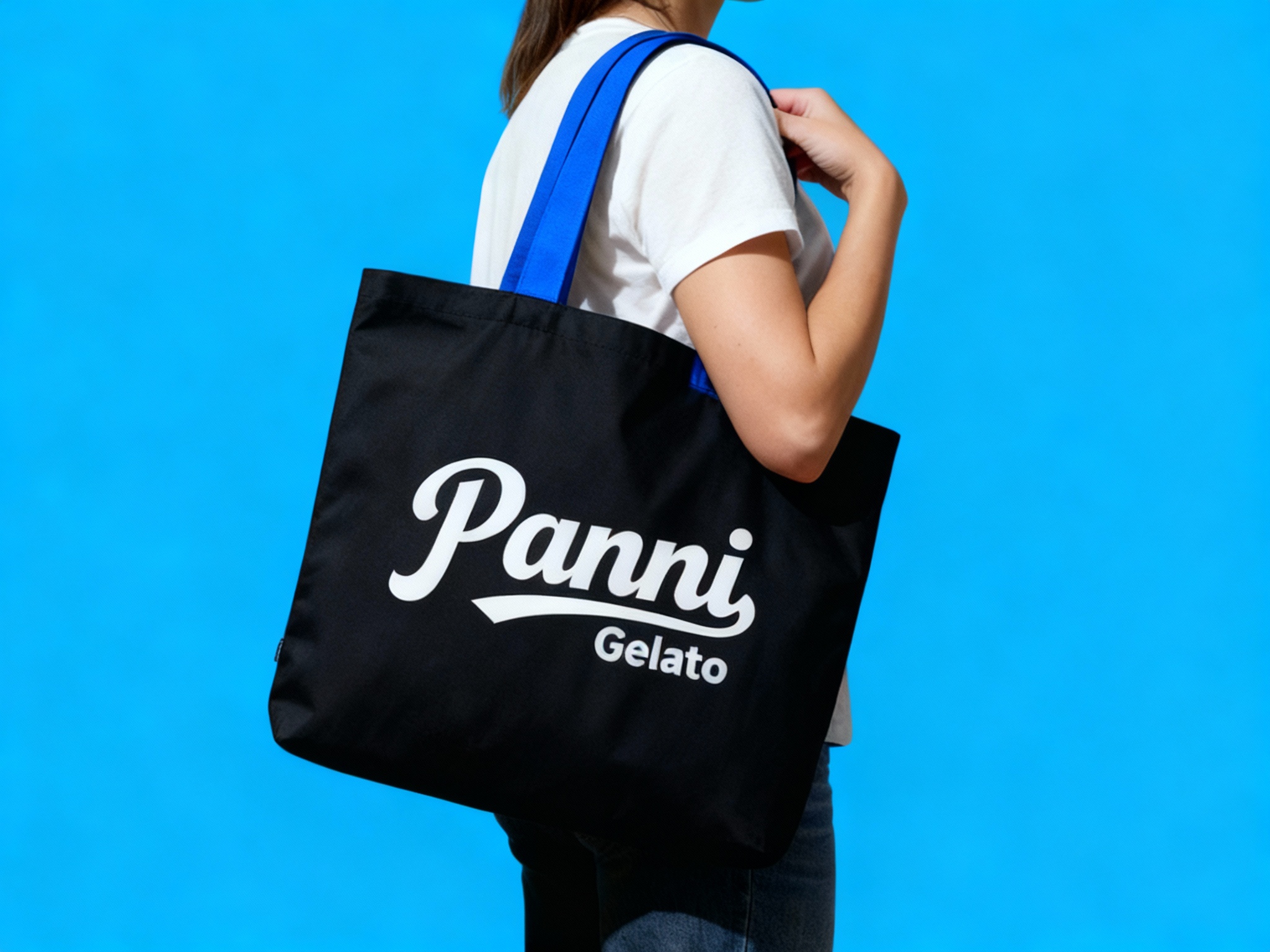 一个人背着黑色手提袋，主色 {主色} 肩带点缀（将参考图中的LOGO保持一致性不要变形）在手提袋上清晰可见，营造时尚、有品牌标识性的氛围，可展示潮流品牌的手提袋设计及实际使用效果。