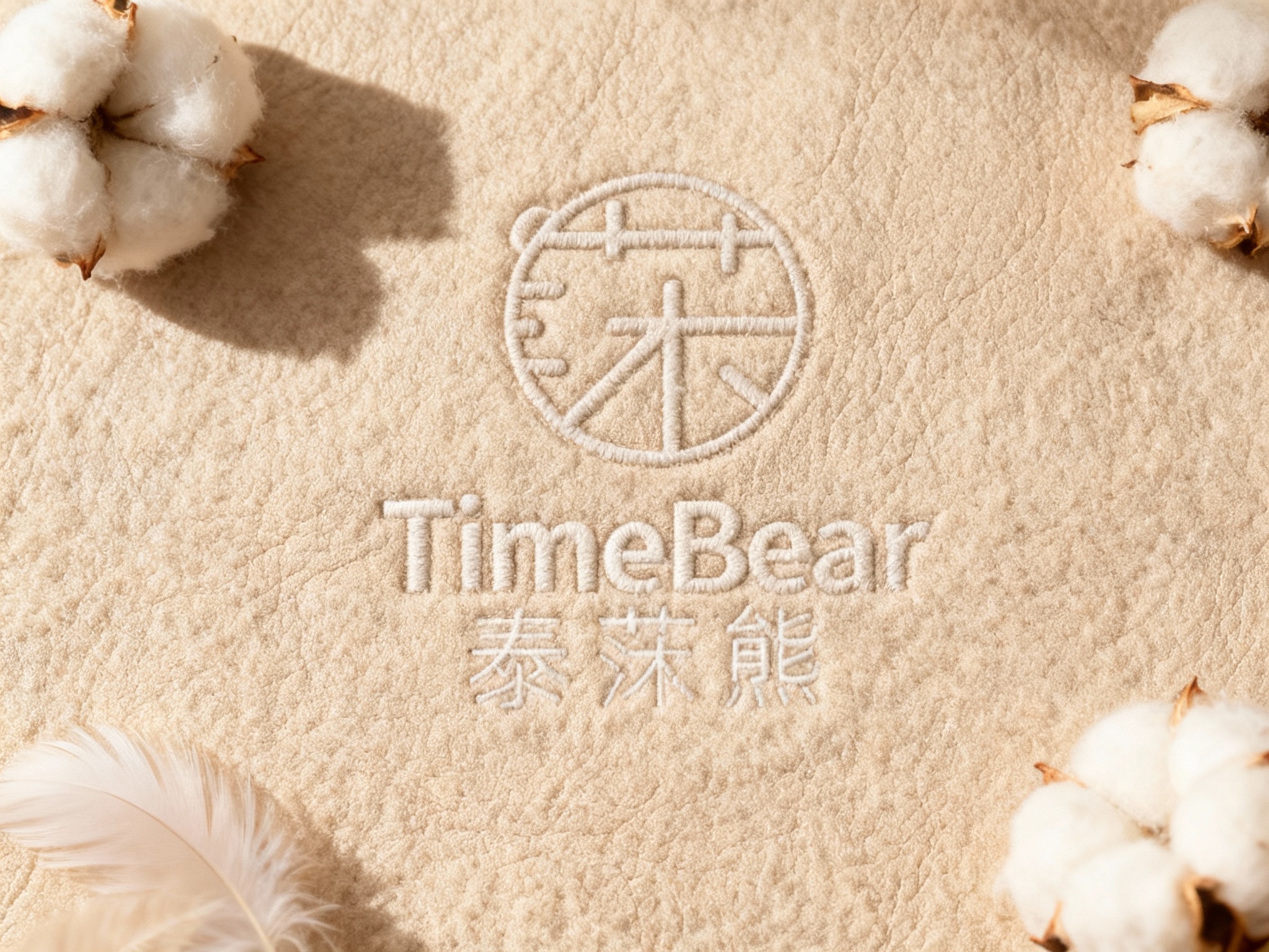 根据（智能提取参考图中的LOGO主体并去除原背景），生成纯色背景的平面LOGO展示。背景为质感细腻的天然羊绒（Cashmere）或柔软的粒面皮革，画面边缘有几朵棉花或羽毛的柔和投影。LOGO呈现低饱和度的莫兰迪色或立体压印效果，营造柔软、亲肤、安全的品牌触感。