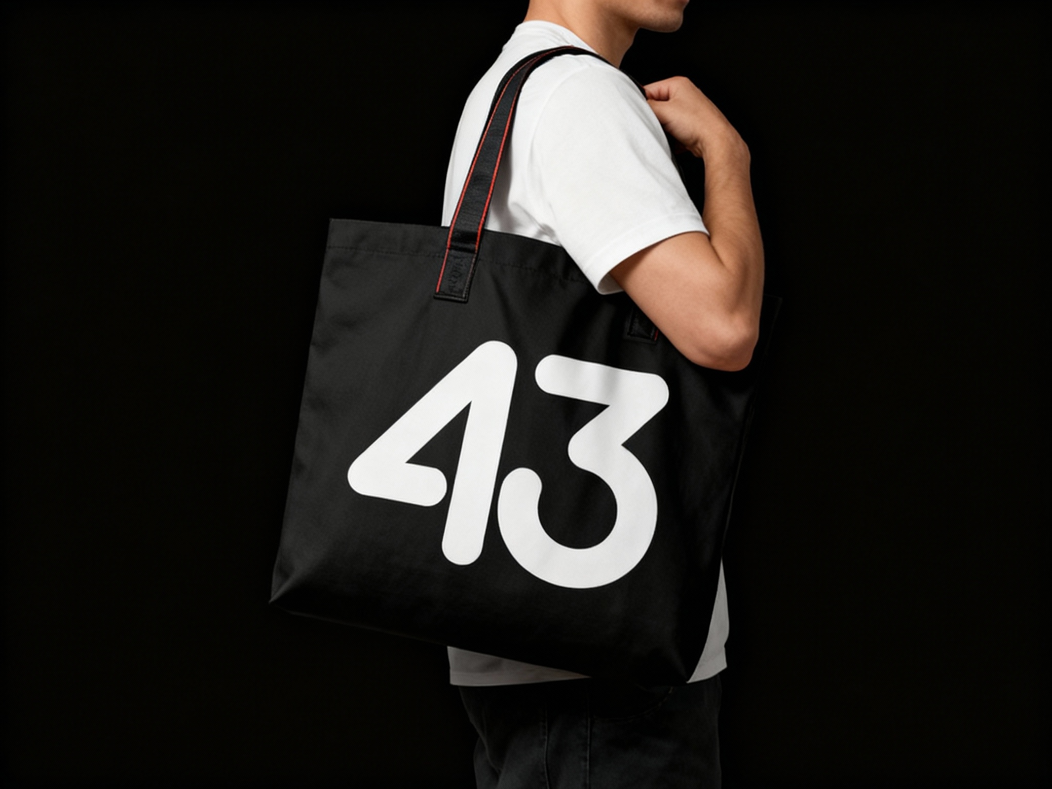 一个人背着黑色手提袋，品牌色肩带点缀（将参考图中的LOGO保持一致性不要变形）在手提袋上清晰可见，营造时尚、有品牌标识性的氛围，可展示潮流品牌的手提袋设计及实际使用效果。