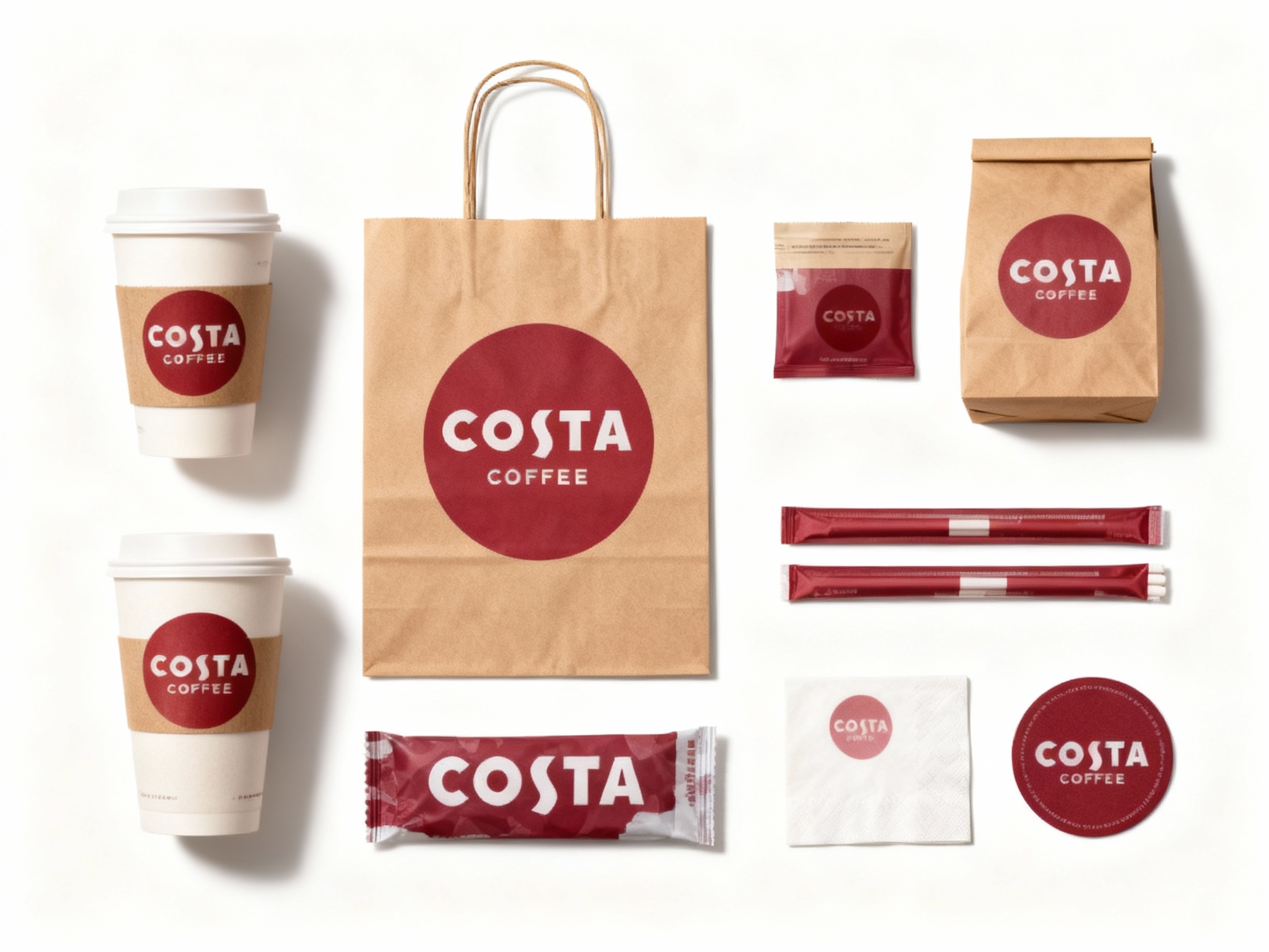 设计咖啡产品平铺拍摄图，包含纸杯、手提袋、打包袋、吸管包装、餐巾纸、杯垫等，（将参考图中的LOGO）在各产品上清晰展示，色彩统一，光影柔和，呈现高级整洁感。