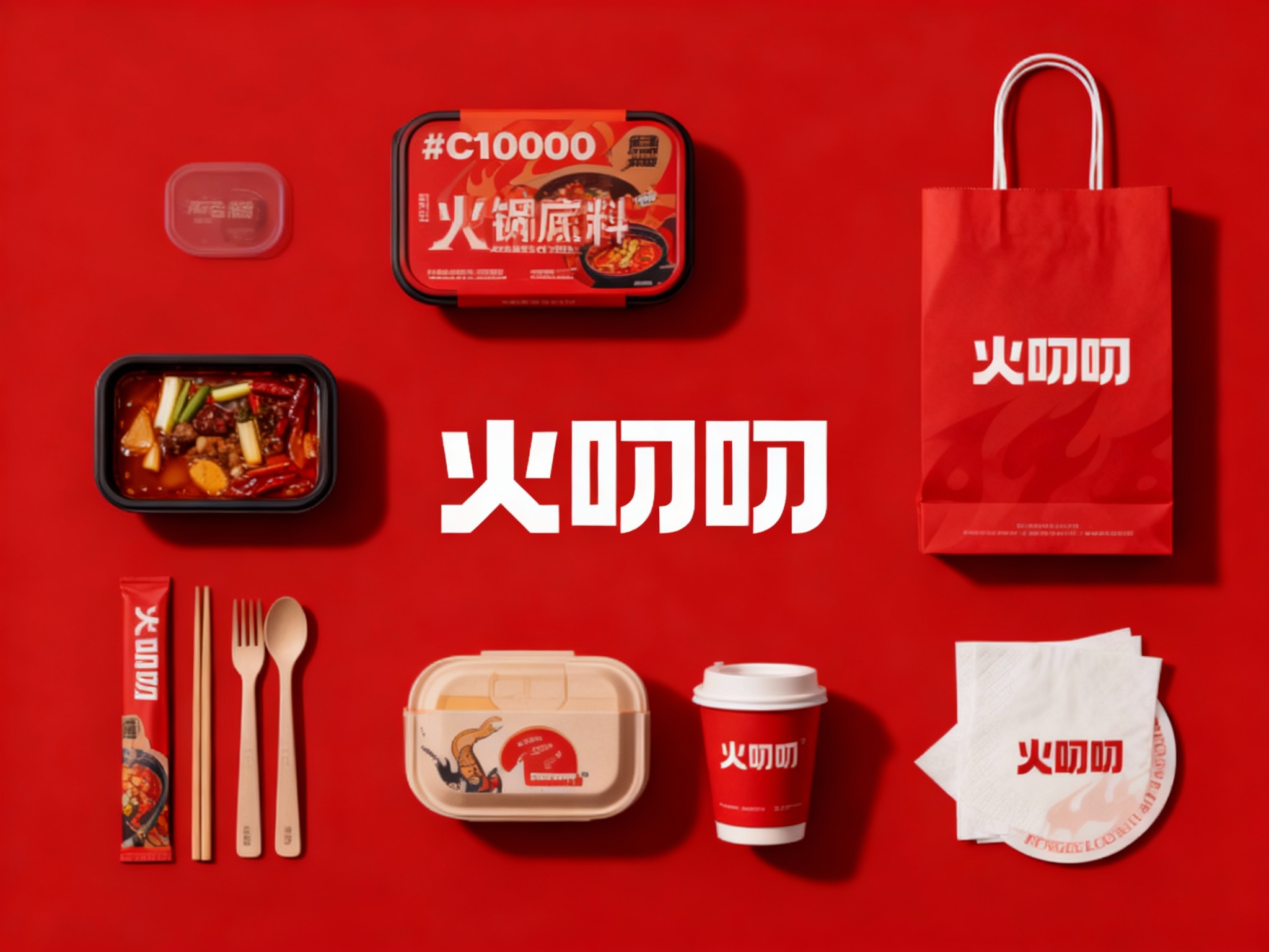 设计火锅食材及用品平铺拍摄图，包含火锅底料盒、手提袋、打包盒、餐具包装、餐巾纸、杯垫等，（将参考图中的LOGO保持一致不要出现变形）延续#C10000在各产品上清晰展示，色彩统一，光影柔和，呈现高级整洁感。