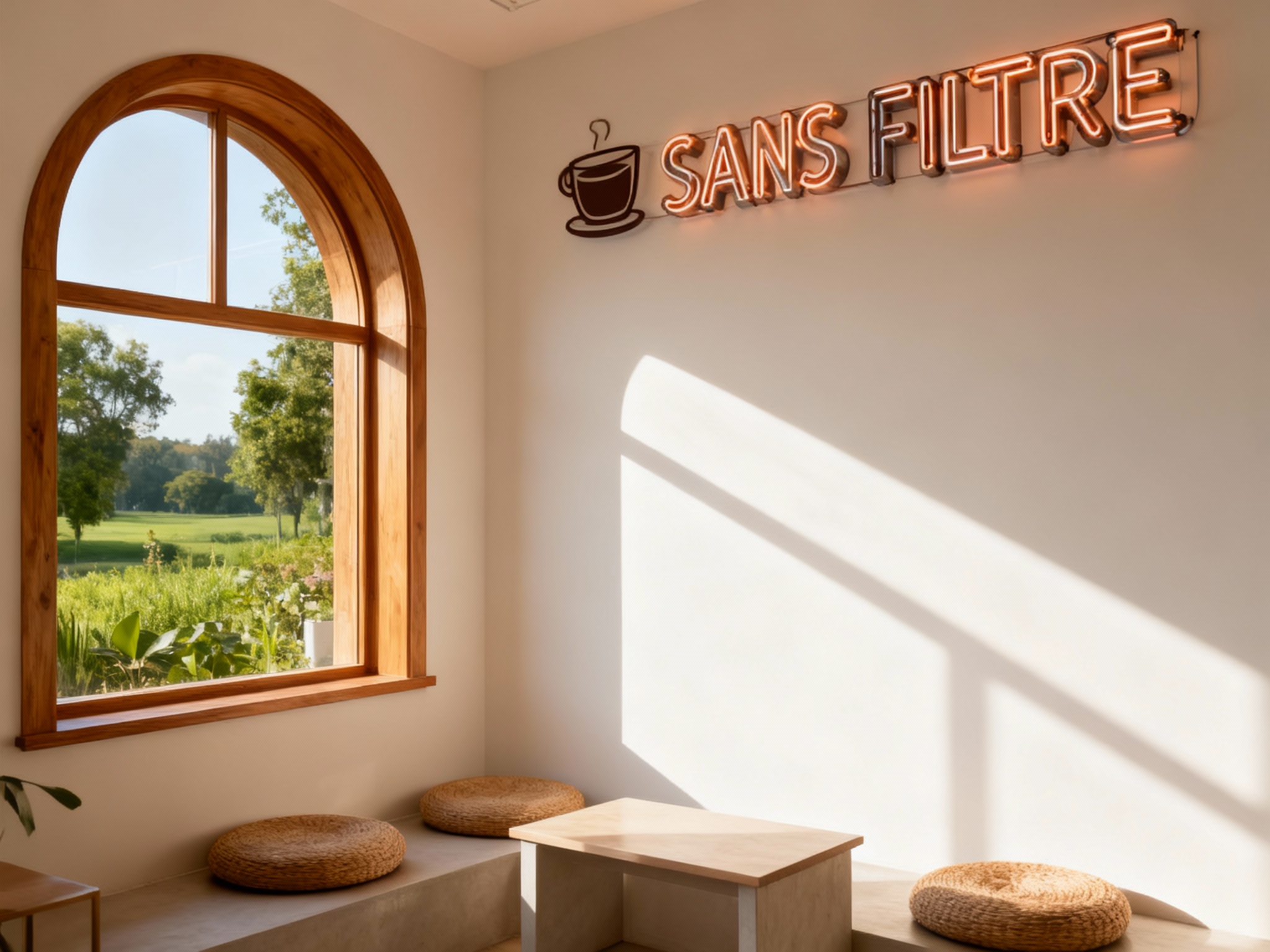 生成品牌体验区或窗边座位场景。设计一个INS风网红打卡角：一扇原木色的拱形窗户，窗外是绿意盎然的景色，窗边摆放着蒲团和矮几。墙面上方有（智能提取参考图中的LOGO主体并去除原背景）的霓虹灯管或金属立体字效果。阳光倾洒，光影在白墙上移动，画面充满诗意和呼吸感。