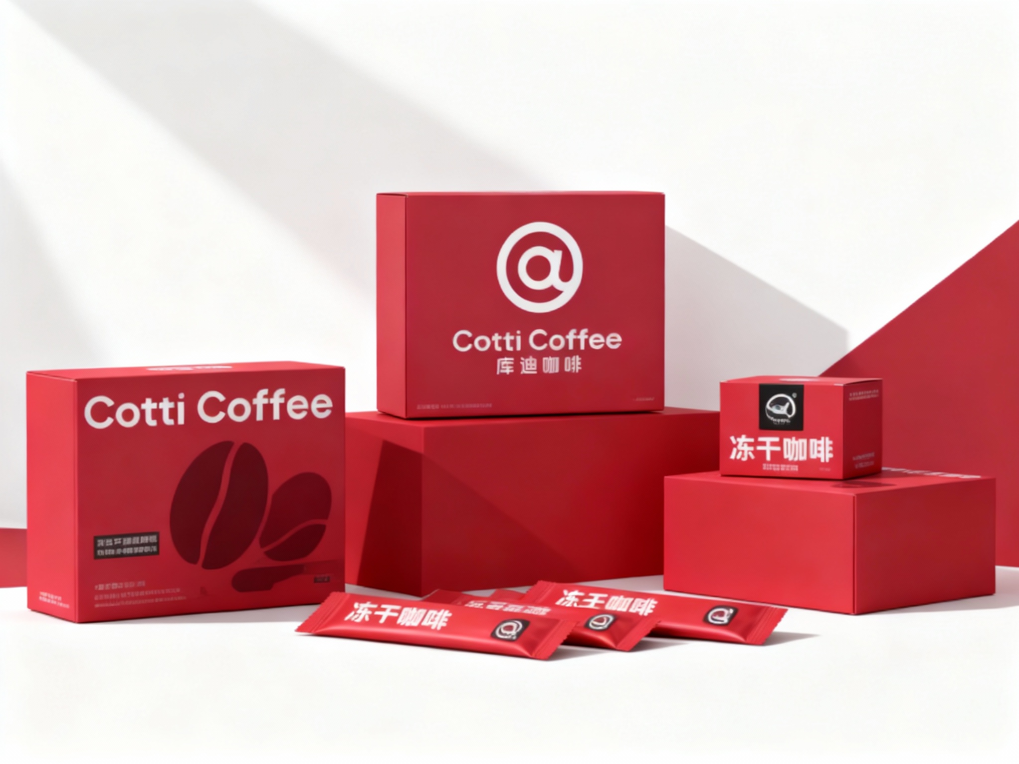 现代简约风格咖啡产品包装展示，（将参考图中的LOGO保持一致不要出现变形）白色背景搭配提供的品牌色（保持提示词的主色）几何色块。画面主体为多个品牌色包装盒，包括大盒（印有白色品牌名称和咖啡豆剪影）、小盒，均印有 “冻干咖啡” 字样和黑色品牌标识。包装盒下方散落着同色系的小包装袋。整体构图采用高低错落的排列方式，光线从左上角斜射，形成清晰的阴影，突出包装盒的立体感和色彩对比，展现产品系列的多样性与品牌视觉统一性。