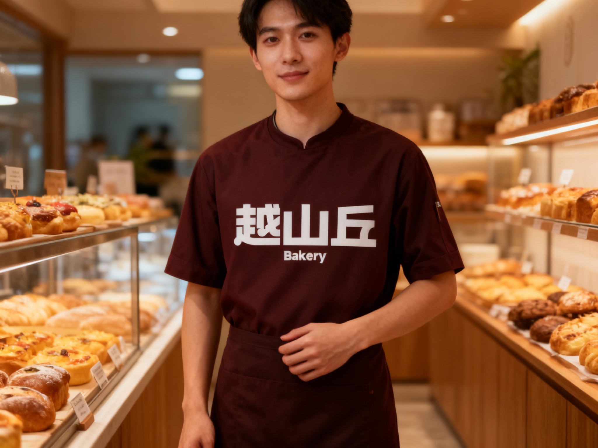 生成员工形象展示图，员工穿着#品牌主工作服，（将参考图中的LOGO）在工作服上清晰可见，员工站在烘焙展示区或店内（空间保持品牌一致性），姿态自然，光线柔和。