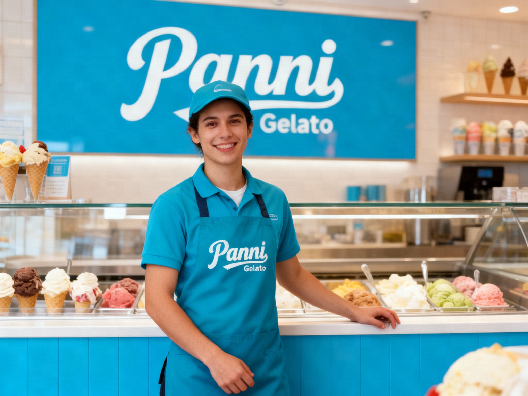 生成员工形象展示图，员工穿着纯色用主色 {主色} 工作服，（将参考图中的LOGO）在工作服上清晰可见，员工站在冰淇淋吧台或店内（空间保持品牌一致性），姿态自然，光线柔和。