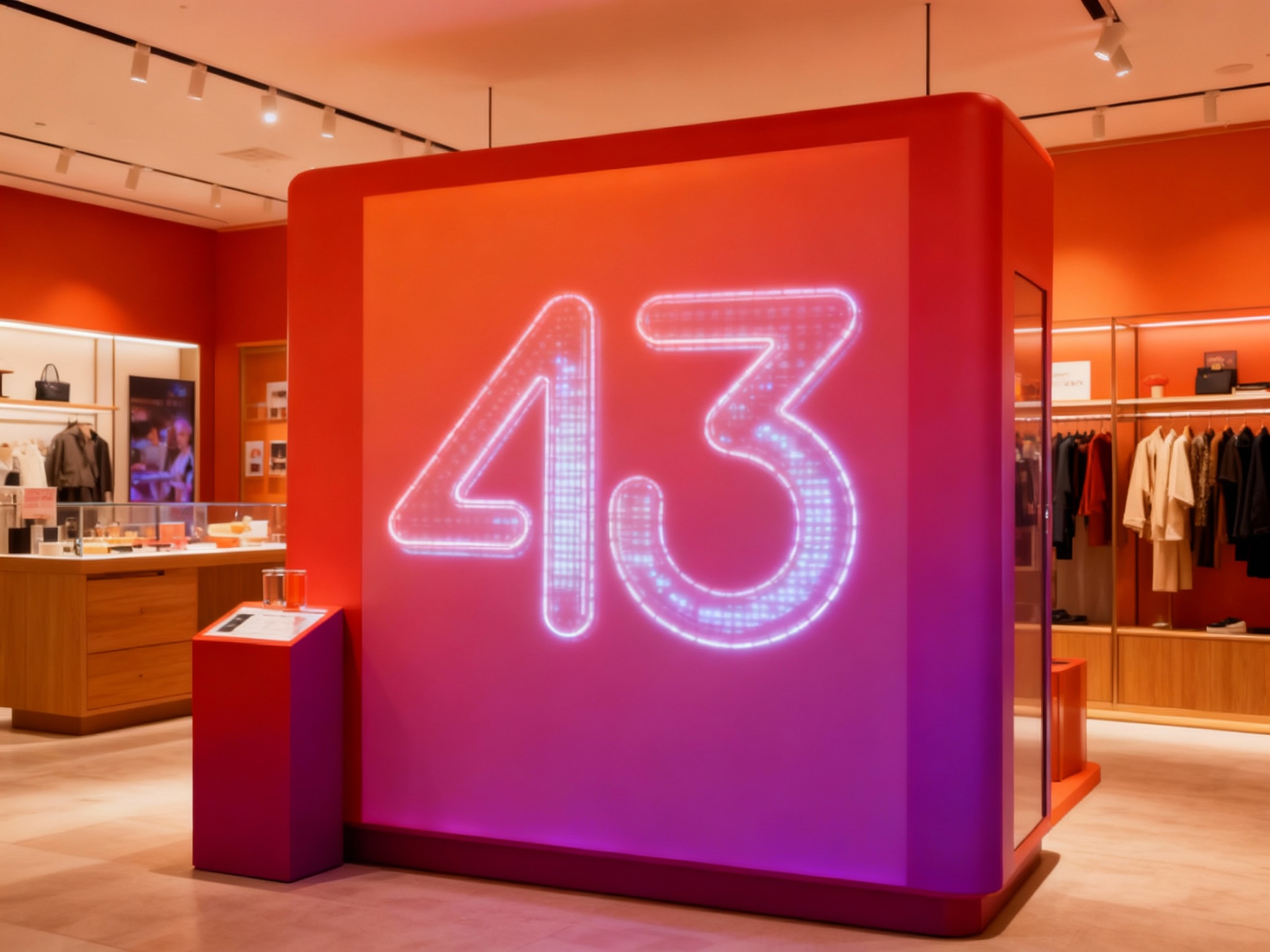 生成品牌体验区场景，展示品牌互动装置或店内拍照打卡点，（将参考图中的LOGO及品牌色配色）融入场景装修或物件，环境温馨有质感，光线自然通透，LOGO以LED灯带或投影形式呈现于互动装置表面。