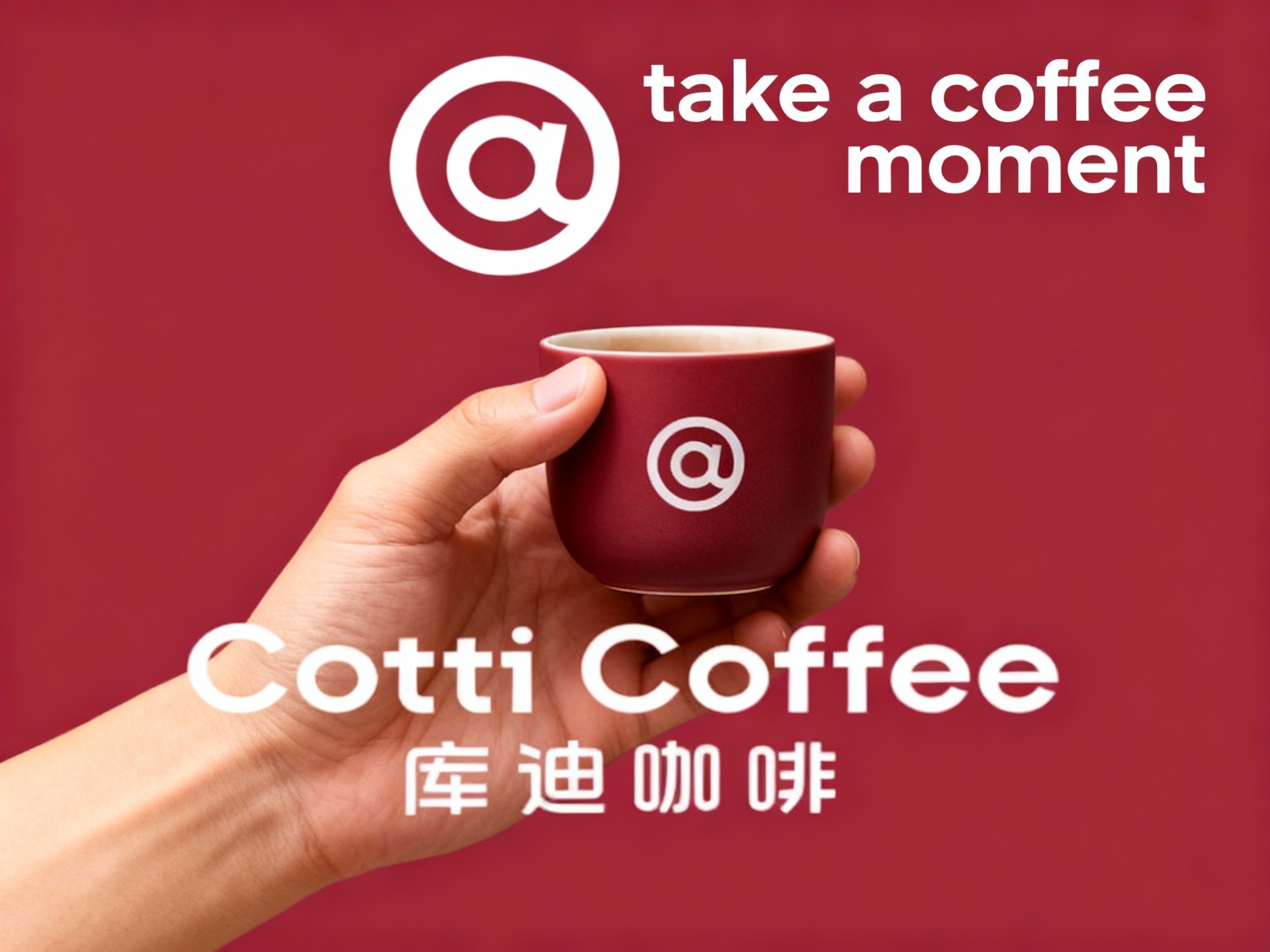 咖啡门店促销海报，以提供的主色调为背景底色，奠定温暖且具质感的视觉基调。画面核心视觉为一只肤色自然的手，端着一只哑光质感的品牌色（将参考图中的LOGO）在咖啡杯上清晰可见，手和咖啡杯比例协调，杯体简约无装饰，与背景形成鲜明色彩呼应，成为视觉焦点。海报上方，右侧用轻盈的英文书写 “take a coffee moment” ，营造轻松邀请氛围 。文字排版规整，信息清晰易读，整体风格简约直接，精准传递咖啡门店温馨、美味且注重品质的品牌形象。