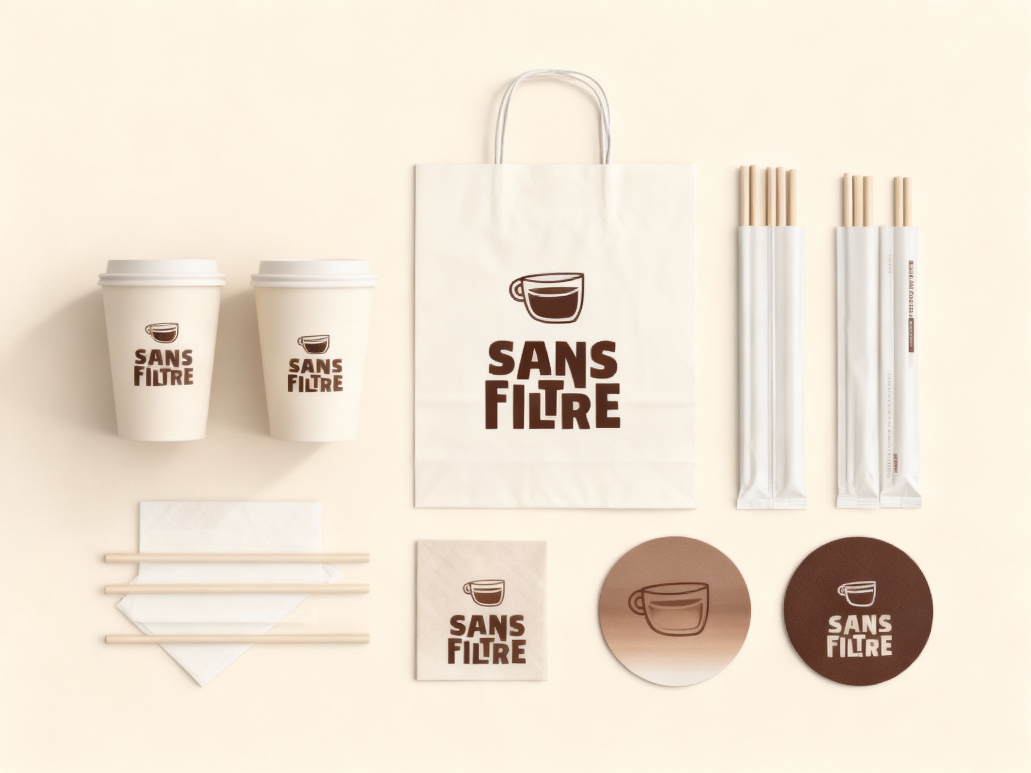 设计咖啡产品平铺拍摄图，包含纸杯、手提袋、打包袋、吸管包装、餐巾纸、杯垫等，（将参考图中的LOGO）在各产品上清晰展示，色彩统一，光影柔和，呈现高级整洁感，纸杯和手提袋以米白色为底，LOGO为深棕色，餐巾纸和杯垫则采用同色系渐变。