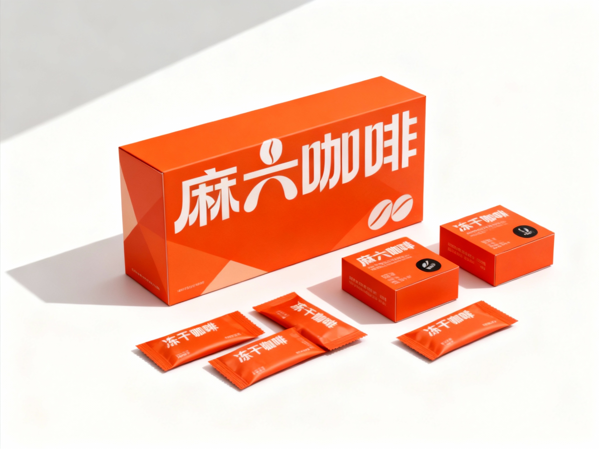 现代简约风格咖啡产品包装展示，（将参考图中的LOGO保持一致不要出现变形）白色背景搭配提供的品牌色（保持提示词的主色）几何色块。画面主体为多个品牌色包装盒，包括大盒（印有白色品牌名称和咖啡豆剪影）、小盒，均印有 “冻干咖啡” 字样和黑色品牌标识。包装盒下方散落着同色系的小包装袋。整体构图采用高低错落的排列方式，光线从左上角斜射，形成清晰的阴影，突出包装盒的立体感和色彩对比，展现产品系列的多样性与品牌视觉统一性。