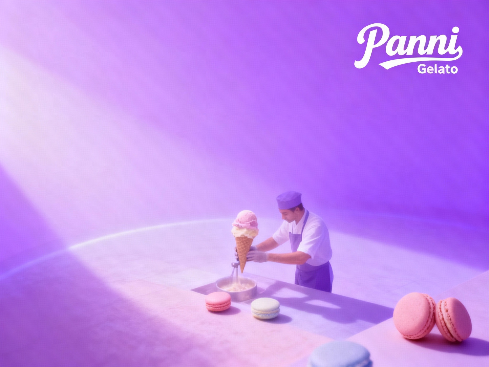 设计品牌宣传海报用主色 #紫色 ，画面干净，（将参考图中的LOGO ）位于左上角或右上角（根据实际情况设置），大师作品，电影海报，超高质量，超精细，高级英文排版，摄影，丁达尔光效，朦胧，俯视，远景，极简，简单，极简风格，大面积留白，James Turrell，背景是冰淇淋师制作冰淇淋的景象，压迫感，超现实主义+极简主义 + 简单色块+ 马卡龙配色+ 摄影艺术 + 细节丰富+ 封面美学 +黑色背景+电影级照明，4k高清，排版简洁有视觉冲击力，符合社交平台分享特性。