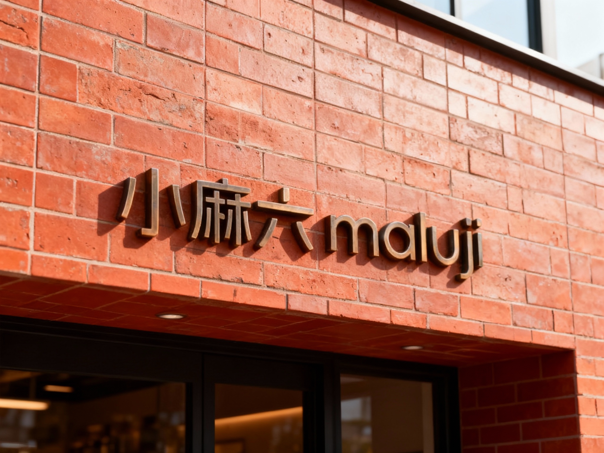 现代红砖纹门头特写，墙面采用仿红砖纹理的哑光瓷砖无缝铺贴，底板无做旧粗糙痕迹，LOGO以哑光金属立体字嵌入式安装，无外露固定件，白天自然光下金属色与砖纹质感协调，适配文创/咖啡门店