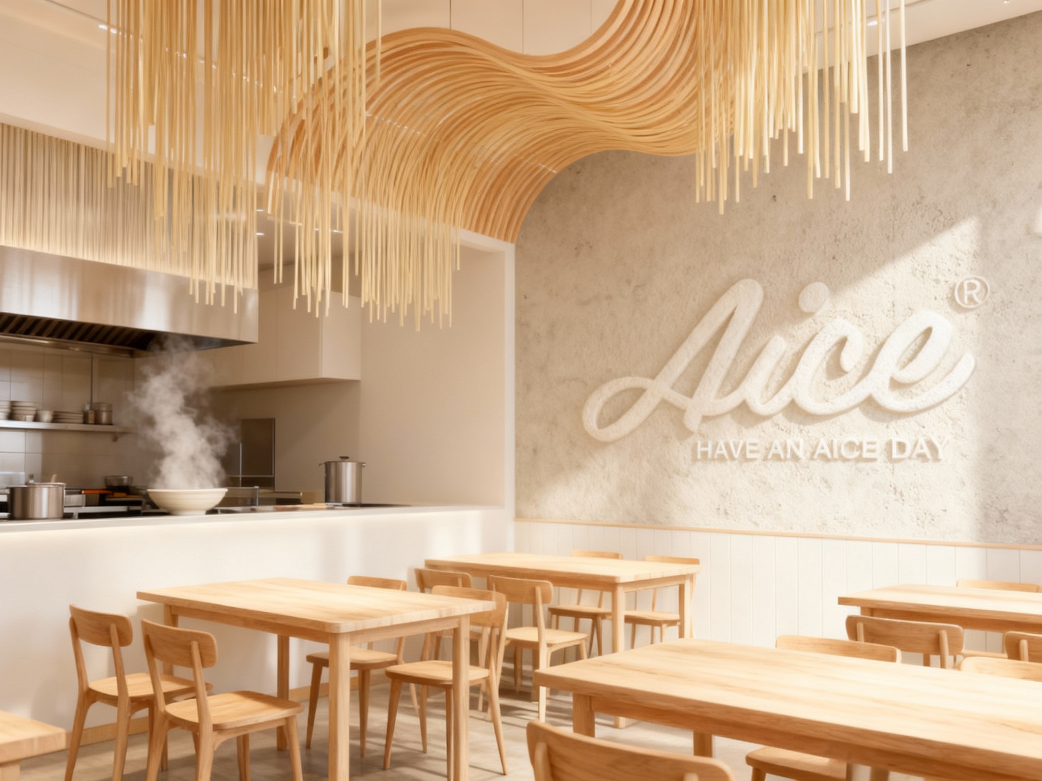 生成现代面馆内部空间渲染图。空间主色调为奶油白与浅米色原木。天花板悬挂着如面条般垂落的艺术装置或弧形木条。开放式厨房可见蒸汽升腾。（智能提取参考图中的LOGO主体并去除原背景）巧妙地嵌入在素水泥或肌理漆的墙面上，利用光影形成浮雕效果。桌椅采用极简的实木设计，整体氛围温暖、治愈，充满食欲。