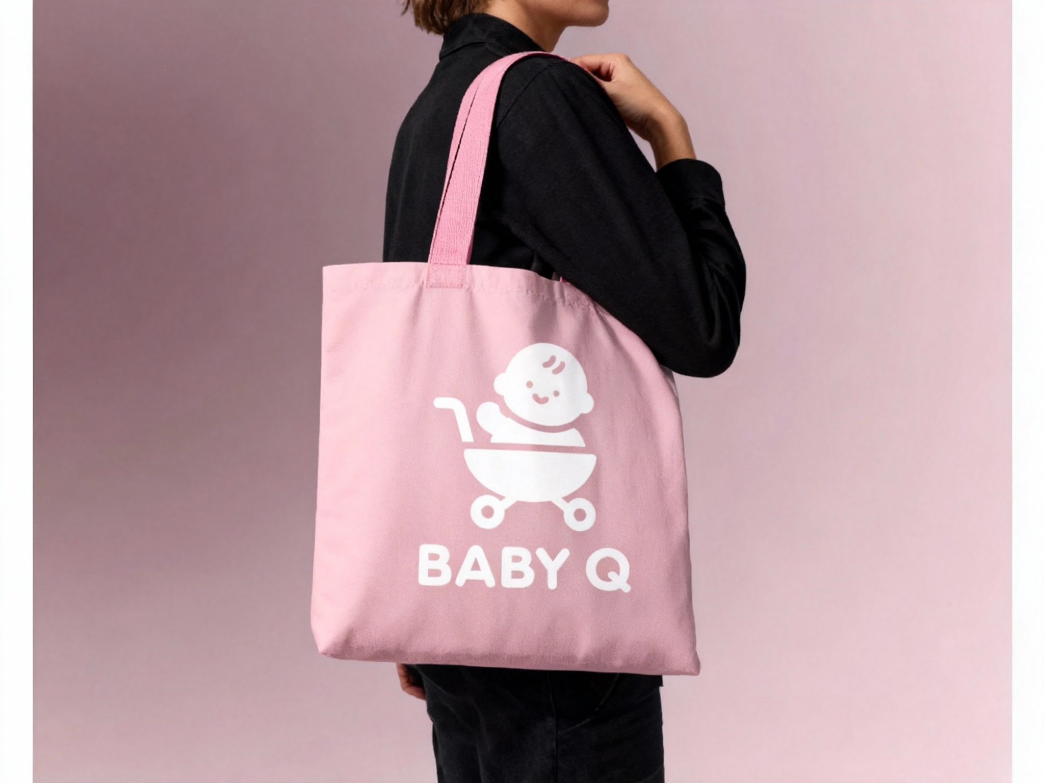 一个人背着粉色手提袋，品牌色肩带点缀（将参考图中的LOGO保持一致性不要变形）在手提袋上清晰可见，营造温馨、有品牌标识性的氛围，可展示潮流品牌的手提袋设计及实际使用效果 。