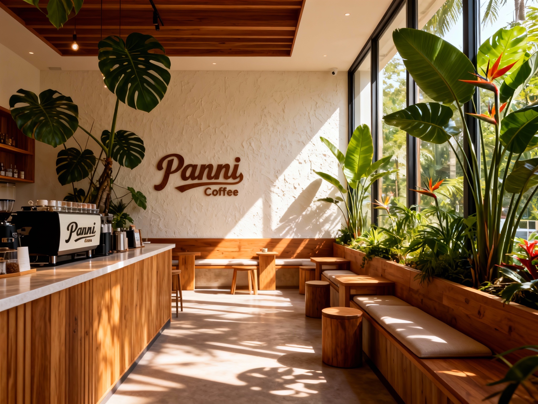 店内空间效果图，展示吧台、座位区，大量运用原木色调（#8B4513）与米白色肌理漆墙面，空间中穿插高大的热带植物（如龟背竹、天堂鸟），阳光透过落地窗和植物叶片洒下斑驳光影，Panni Coffee LOGO巧妙融入木质或墙面装饰中，光线温暖通透，突出森系治愈感与INS风的松弛美学。