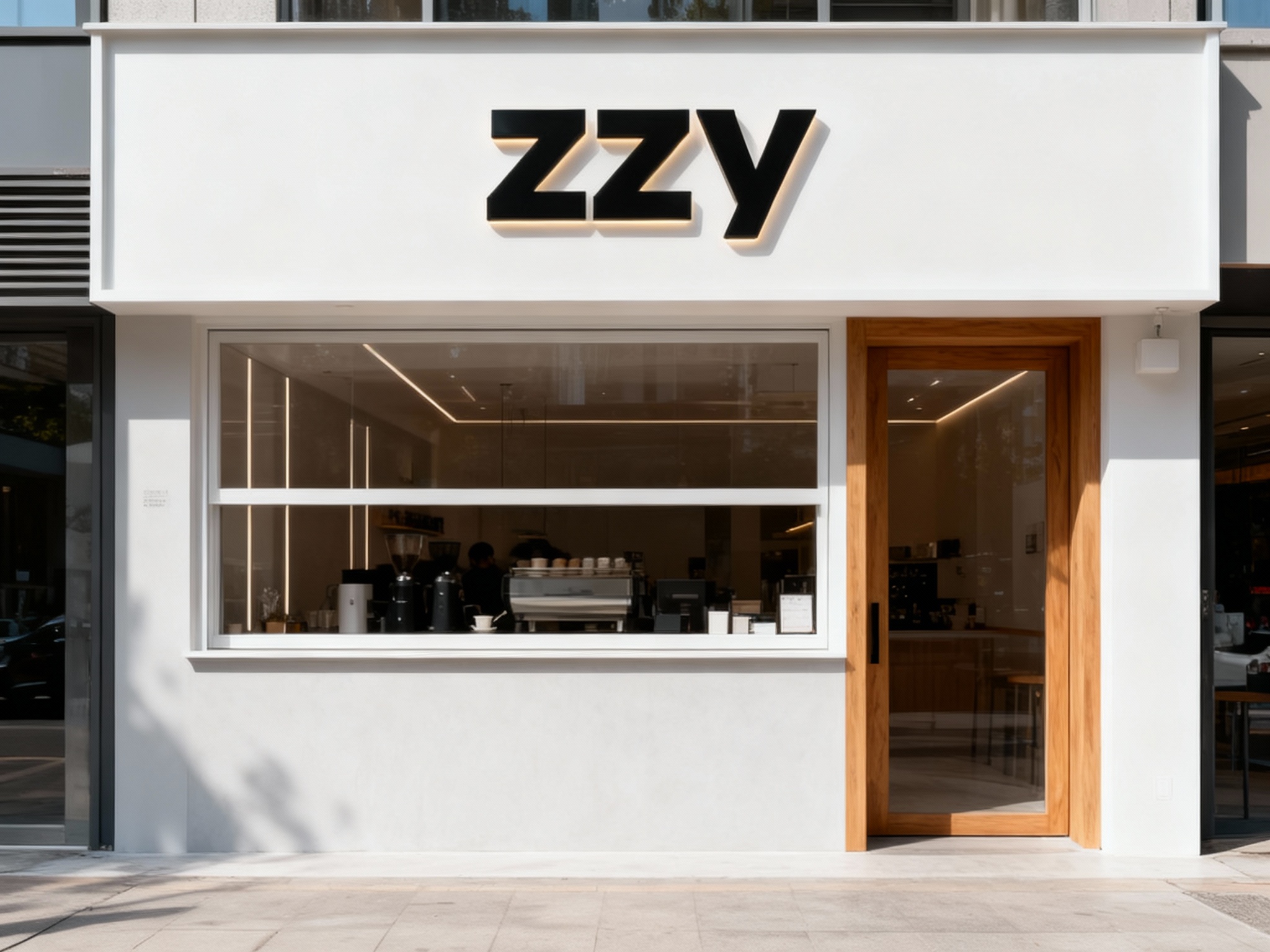 生成INS风格咖啡店门面效果图。黑色'ZZY' LOGO采用亚克力背光设计，嵌入白色或浅灰色墙面，搭配简约线条门窗和木质门框，整体干净通透，光线柔和自然，营造现代都市的时尚感。