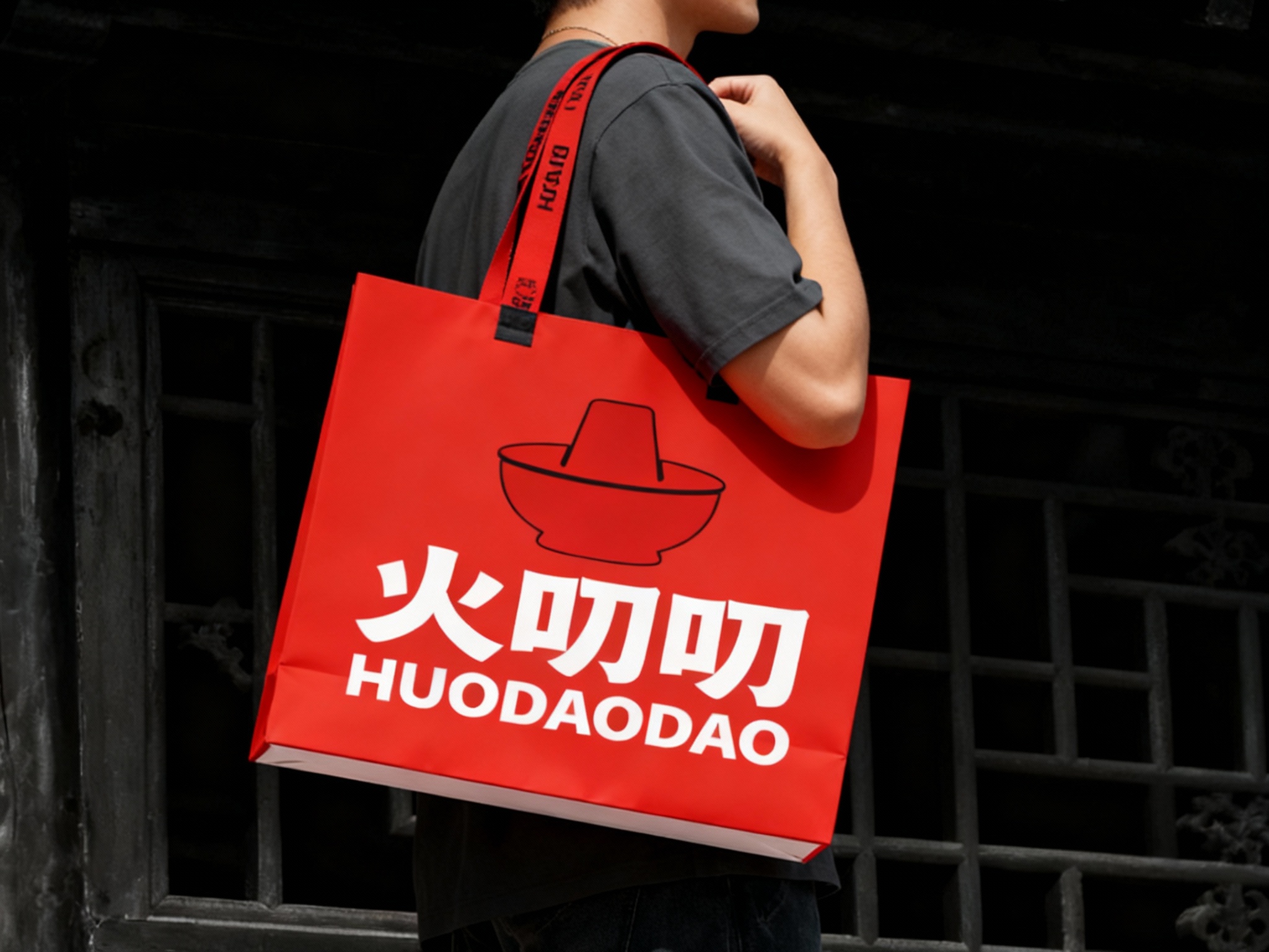 一个人背着主色手提袋，品牌色肩带点缀（将参考图中的LOGO保持一致性不要变形）在手提袋上清晰可见，营造时尚、有品牌标识性的氛围，可展示潮流品牌的手提袋设计及实际使用效果 。