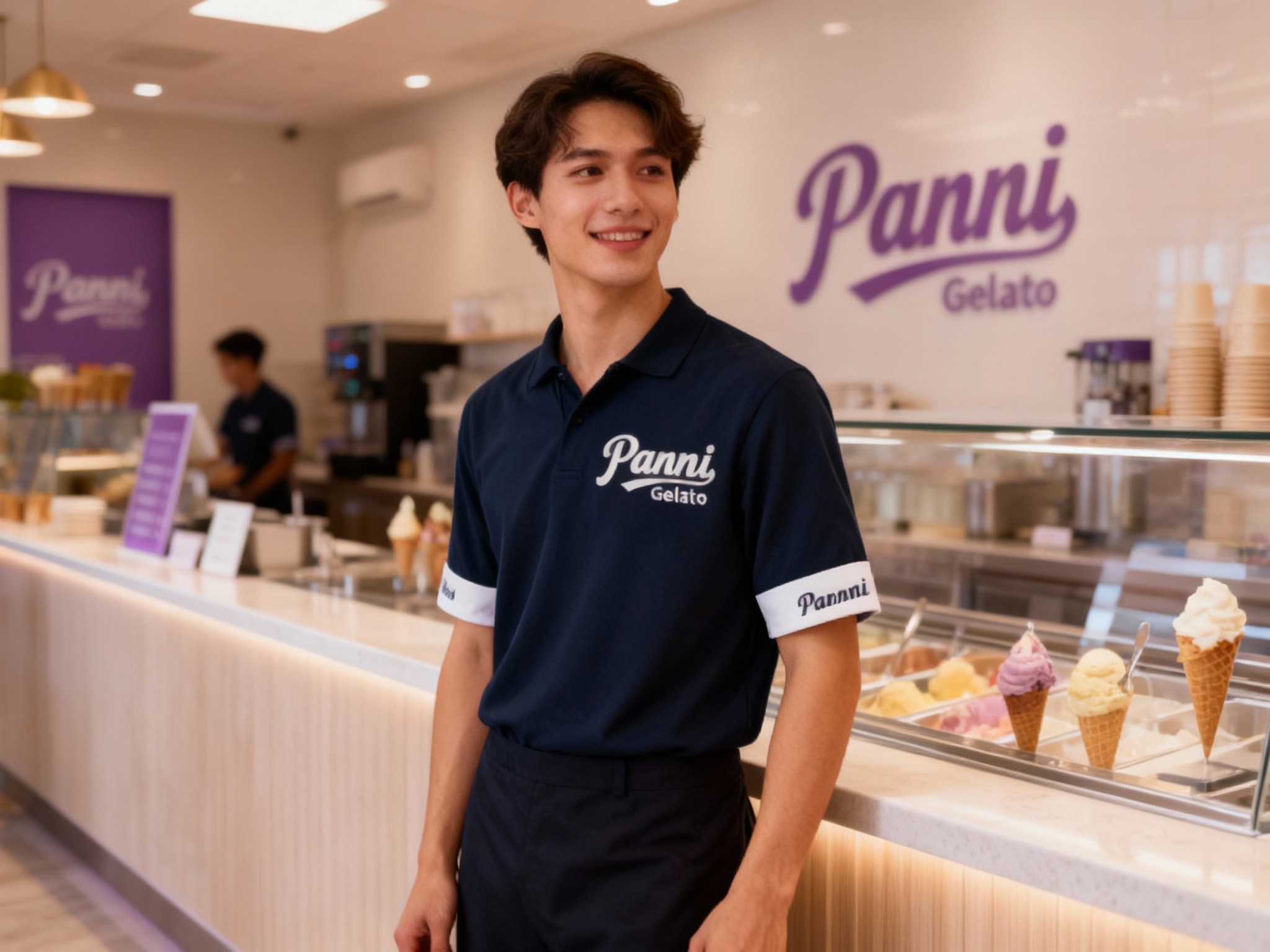 生成员工形象展示图，员工穿着纯色工作服，（将参考图中的LOGO）在工作服上清晰可见，员工站在冰淇淋吧台或店内（空间保持品牌一致性），姿态自然，光线柔和，背景为店内环境，LOGO位于工作服胸前或袖口位置。