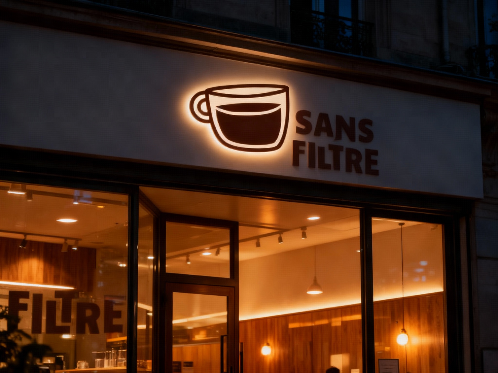 夜景环境下店面门口的设计。将参考图中的SANS FILTRE自然融合到招牌上，采用柔光呈现，门店内透出温暖灯光，通过暖色灯光或木质反光处理，营造出一个视觉上明亮、轻松且易于识别的整体效果。