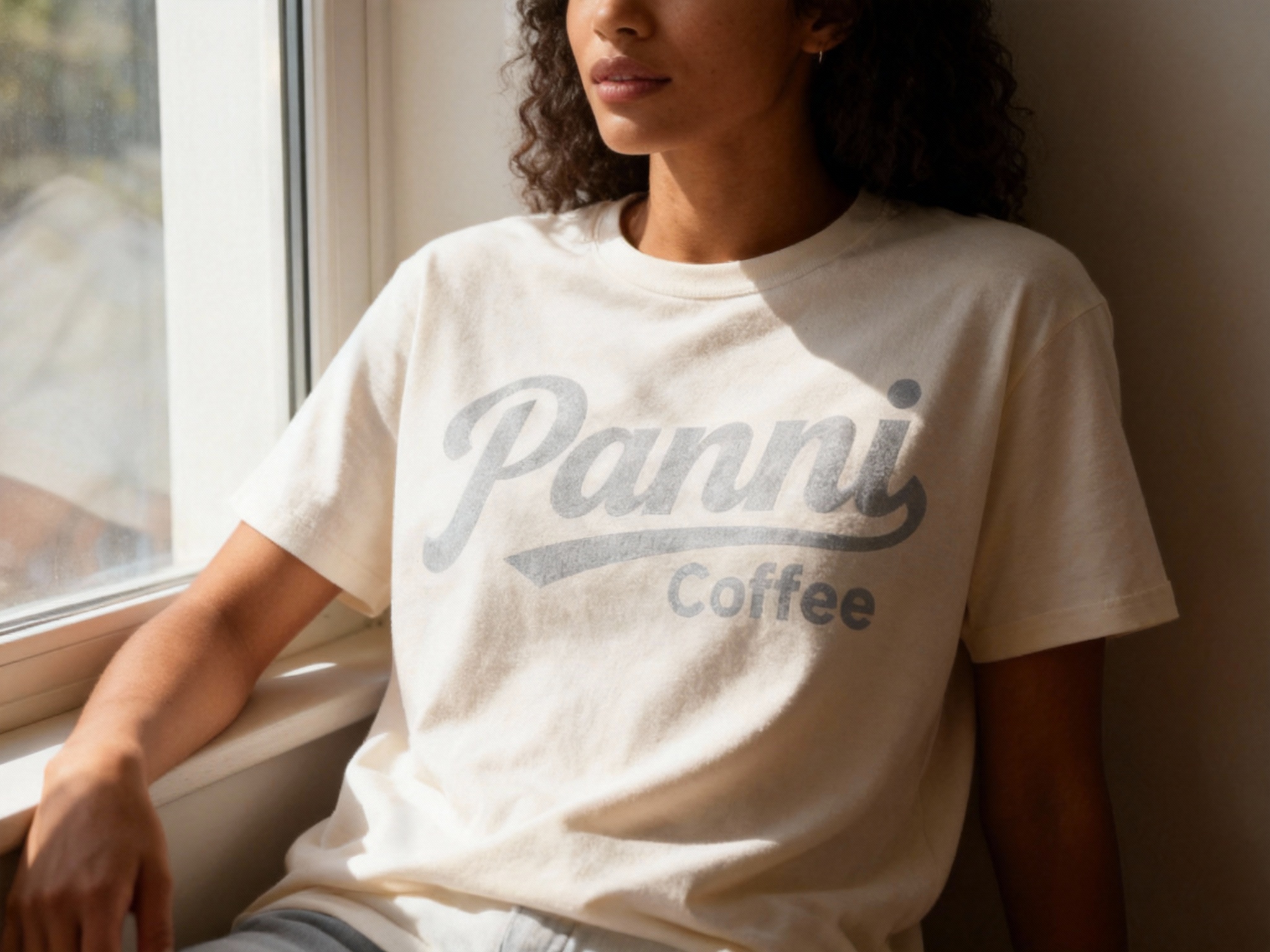 提取参考图的LOGO单独呈现，改为浅灰色，25岁混血女性模特，身着米白纯色T恤，浅灰色LOGO以丝网印刷工艺印制，色调柔和协调，窗边自然光拍摄，光线从左侧射入，在T恤表面形成明暗过渡，LOGO边缘清晰无晕染，模特靠坐窗边，姿态松弛自然，画面清新又高级