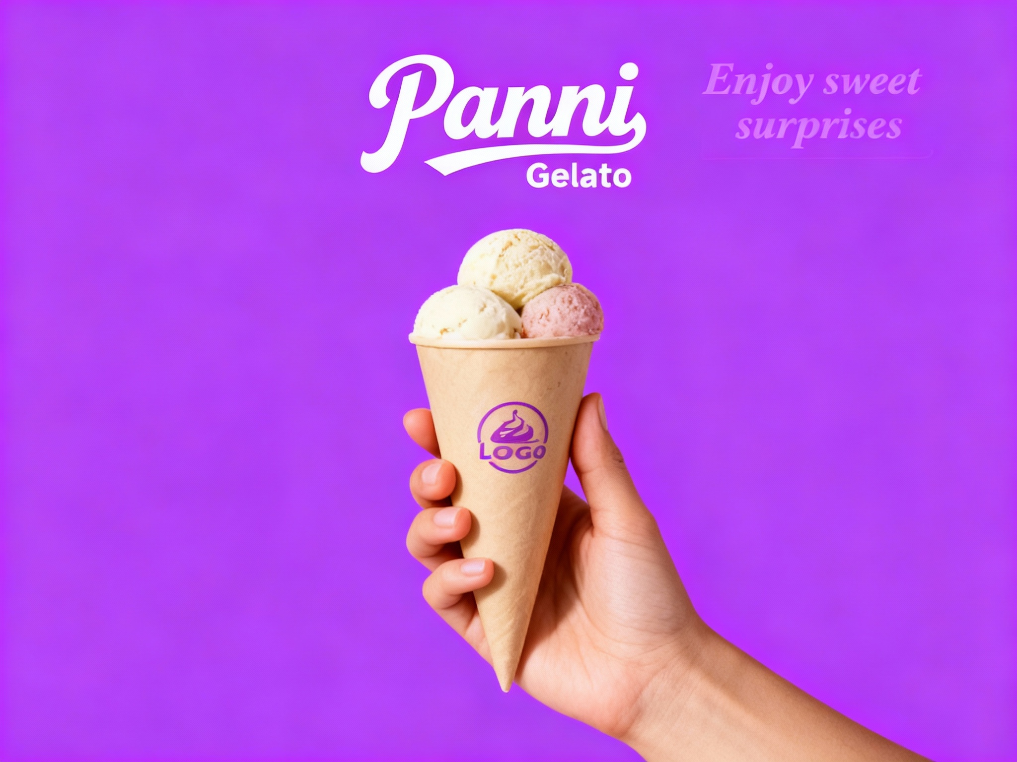 冰淇淋门店促销海报，以提供的主色调为背景底色，奠定温暖且具质感的视觉基调。画面核心视觉为一只肤色自然的手，拿着一只哑光质感的品牌色（将参考图中的LOGO）在冰淇淋纸筒上清晰可见冰淇淋纸筒有几颗好看的意式冰淇淋球，手和冰淇淋筒比例协调，冰淇淋筒体简约无装饰，与背景形成鲜明色彩呼应，成为视觉焦点。海报上方，右侧用轻盈的英文书写 “Enjoy sweet surprises” ，营造轻松邀请氛围 。文字排版规整，信息清晰易读，整体风格简约直接，精准传递冰淇淋门店温馨、美味且注重品质的品牌形象 ，LOGO位于纸筒上方，背景为纯紫色。