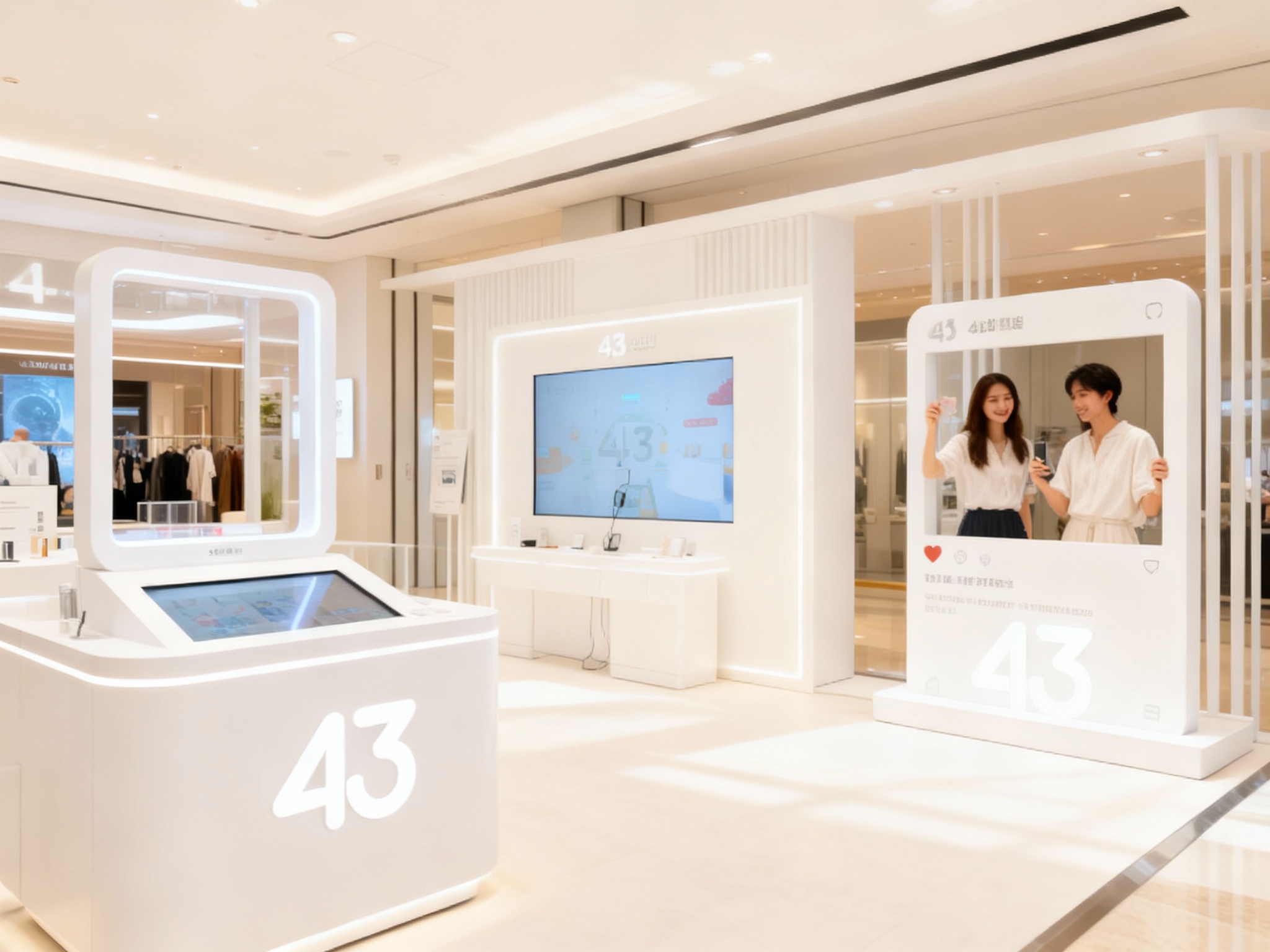 生成品牌体验区场景，展示品牌互动装置或店内拍照打卡点，（将参考图中的LOGO及品牌色配色）融入场景装修或物件，环境温馨有质感，光线自然通透，整体氛围现代且富有科技感。