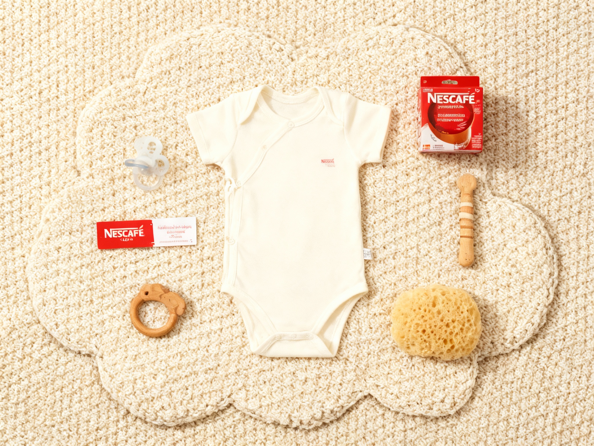 设计母婴产品平铺拍摄图（Knolling风格）。包含：柔软的婴儿连体衣、硅胶安抚奶嘴、木质磨牙棒、天然海绵等。背景为米色的针织毛毯或云朵形状的地毯。（智能提取参考图中的LOGO主体并去除原背景）清晰印制在产品包装和标签上，色彩统一柔和。光线为明亮的影棚柔光，画面干净、治愈，极具ins风。