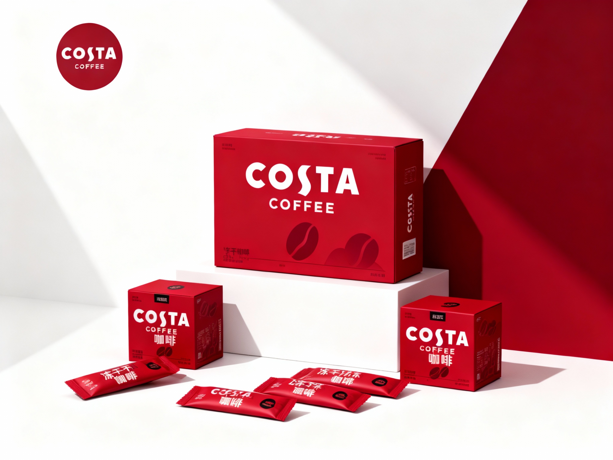 现代简约风格咖啡产品包装展示，（将参考图中的LOGO保持一致不要出现变形）白色背景搭配提供的品牌色（保持提示词的主色）几何色块。画面主体为多个品牌色包装盒，包括大盒（印有白色品牌名称和咖啡豆剪影）、小盒，均印有 “冻干咖啡” 字样和黑色品牌标识。包装盒下方散落着同色系的小包装袋。整体构图采用高低错落的排列方式，光线从左上角斜射，形成清晰的阴影，突出包装盒的立体感和色彩对比，展现产品系列的多样性与品牌视觉统一性。