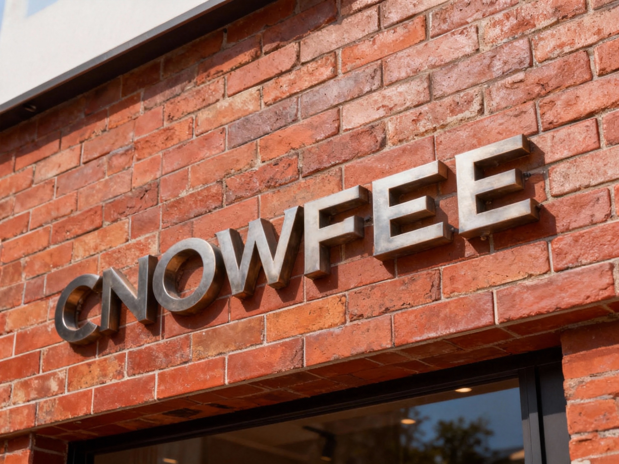 现代红砖纹门头特写，墙面采用仿红砖纹理的哑光瓷砖无缝铺贴，底板无做旧粗糙痕迹，LOGO以哑光金属立体字嵌入式安装，无外露固定件，白天自然光下金属色与砖纹质感协调，适配文创/咖啡门店