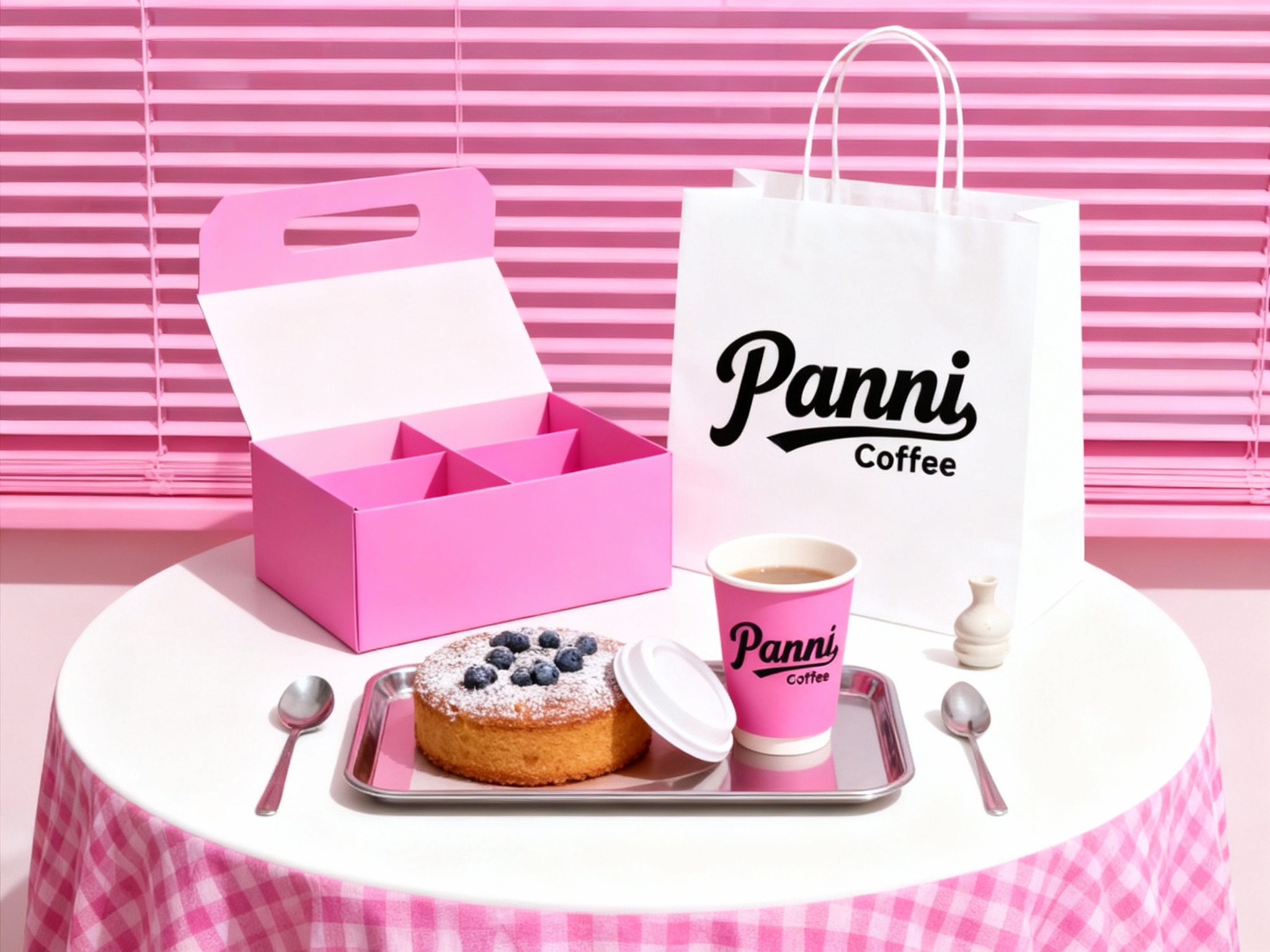 商业美食摄影，极简现代风格，明亮光线，白色圆形桌面铺粉色格子桌布，背景粉色百叶窗，粉色手提盒全开露内部隔层，旁放白色手提袋，前方托盘上，粉色咖啡杯侧放，杯盖轻搭旁边，圆形蓝莓蛋糕上撒糖粉，金属勺子与旁边放置的一件陶瓷工艺品分置两侧。手提盒和咖啡杯上清晰显示品牌logo，构图简洁有序