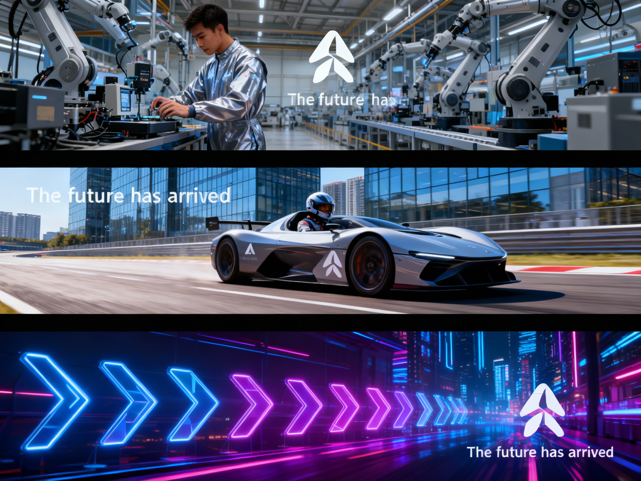 打造一套科技领域的品牌户外广告系列，画面中突出其标志性的白色 logo，以 “The future has arrived” 为核心主题，采用高饱和主色 + 科技感视觉语言。画面包含三类场景：AI科技人在精密车间专注工作的特写、电动赛车手驾驶未来感车型的动感画面、抽象几何箭头符号的品牌识别元素。背景搭配现代玻璃幕墙建筑的都市环境，整体呈现专业、创新的工业设计风格，突出汽车产业的工程技术与电动化趋势。