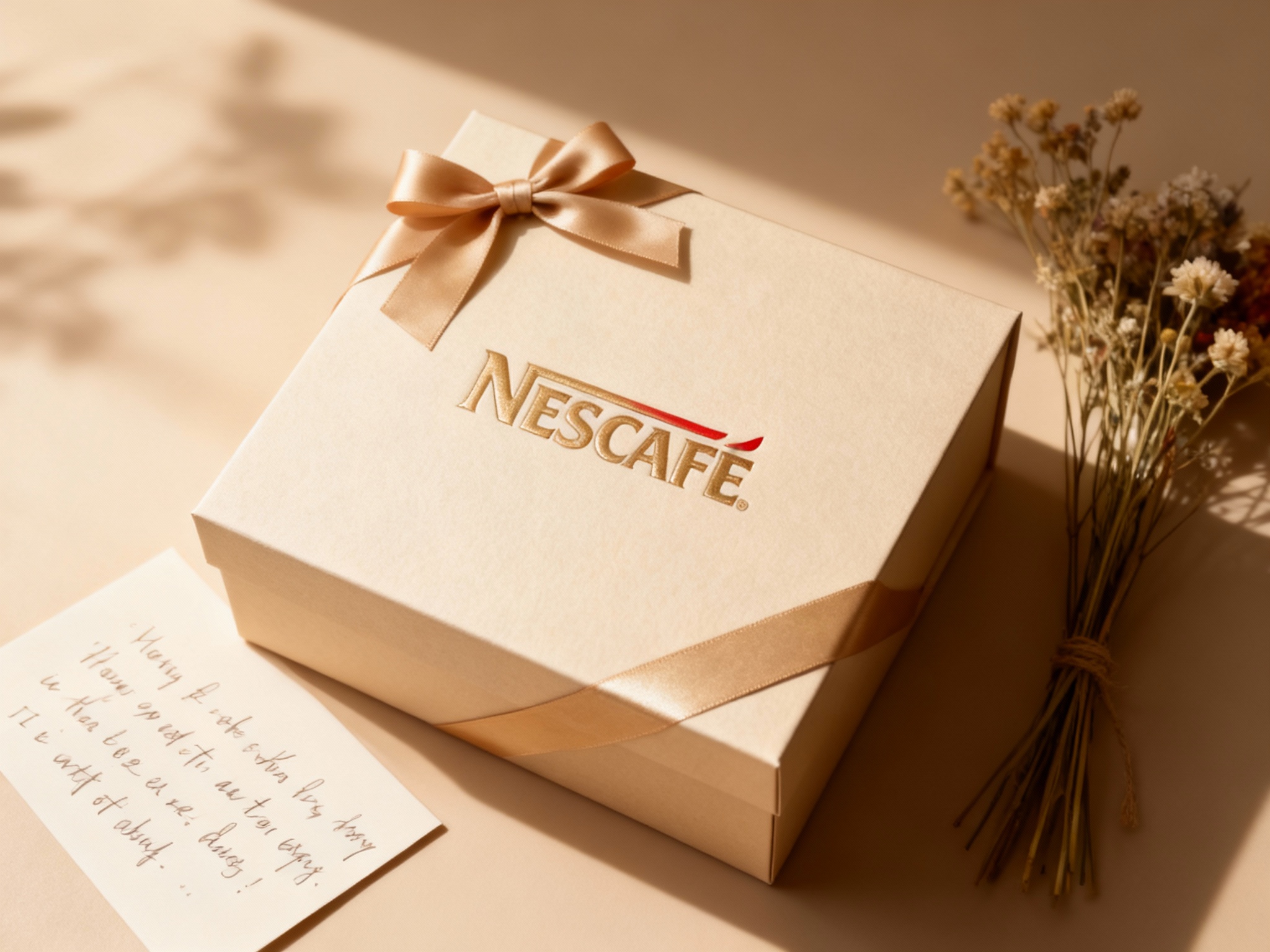 高端母婴礼盒包装展示。包装盒采用质感厚实的特种纸，颜色为淡雅的香槟金或奶咖色，配有丝绸缎带。（智能提取参考图中的LOGO主体并去除原背景）采用烫金或激凸工艺印在盒子正中央。旁边摆放着一张手写的祝福卡片和一束干花。光线柔和，阴影细腻，展现作为礼物的尊贵感。