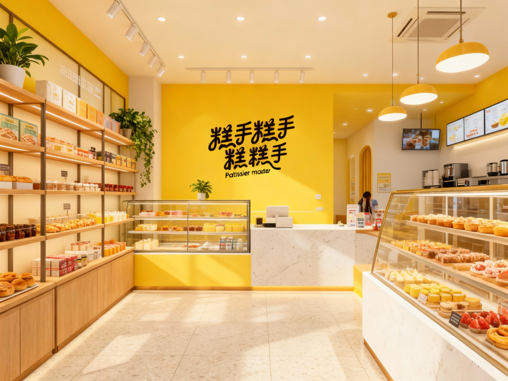 设计店内空间渲染图，布局合理，展示柜、货架、吧台、灯具、绿植灵活搭配，光线自然明亮，氛围活力感强，产品陈列整齐易取，吸引年轻顾客拍照分享。