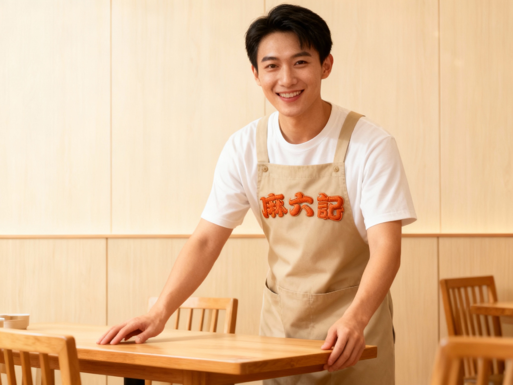 生成员工形象展示图。员工身穿米杏色或浅卡其色的工装围裙，内搭白色T恤，围裙胸口处（智能提取参考图中的LOGO主体并去除原背景）采用同色系的立体刺绣工艺，低调高级。员工正在整理木质餐桌，面带亲切微笑，背景是明亮整洁的米色木饰面墙，展现年轻活力的服务形象。