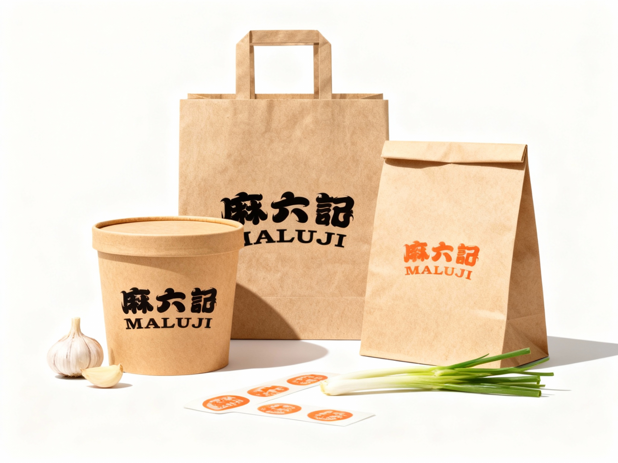现代面馆外卖包装展示。包含：环保牛皮纸汤桶、手提纸袋、封口贴。包装设计简约，（智能提取参考图中的LOGO主体并去除原背景）以醒目的黑色或品牌色印在包装正中央。旁边摆放着几颗新鲜的蒜瓣或葱段作为点缀。自然光侧拍，突出纸张的环保纹理和品牌视觉的统一性。