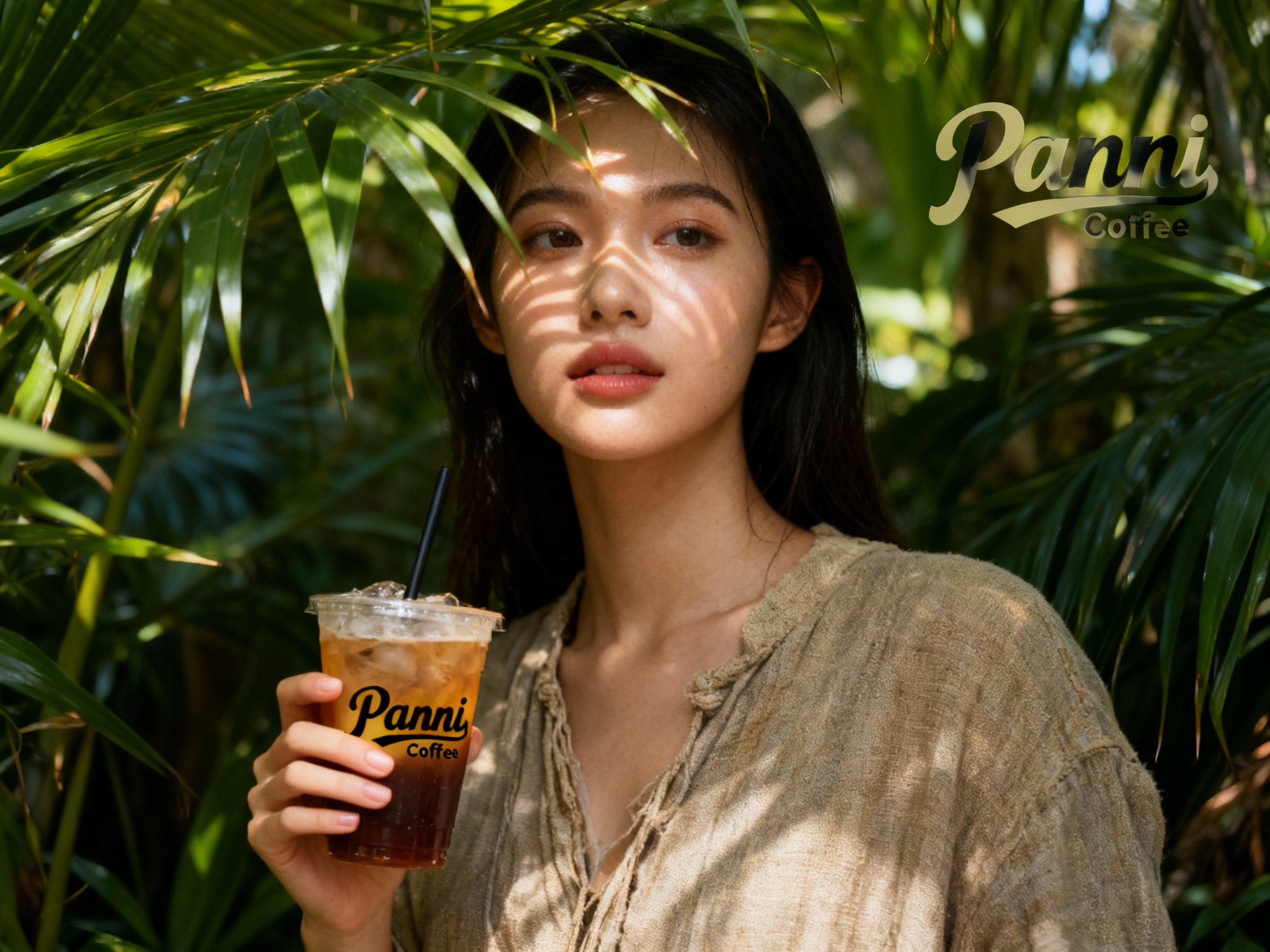 品牌海报，森系时尚风格。一个模特身穿亚麻材质的休闲服饰，妆容清透，置身于热带植物丛中，手拿带有Panni Coffee LOGO的冰美式。光线从叶片间穿过照在脸上形成光斑，特写镜头，平视视角，高清分辨率，Panni Coffee LOGO位于合适位置，强调人与自然的和谐共生。