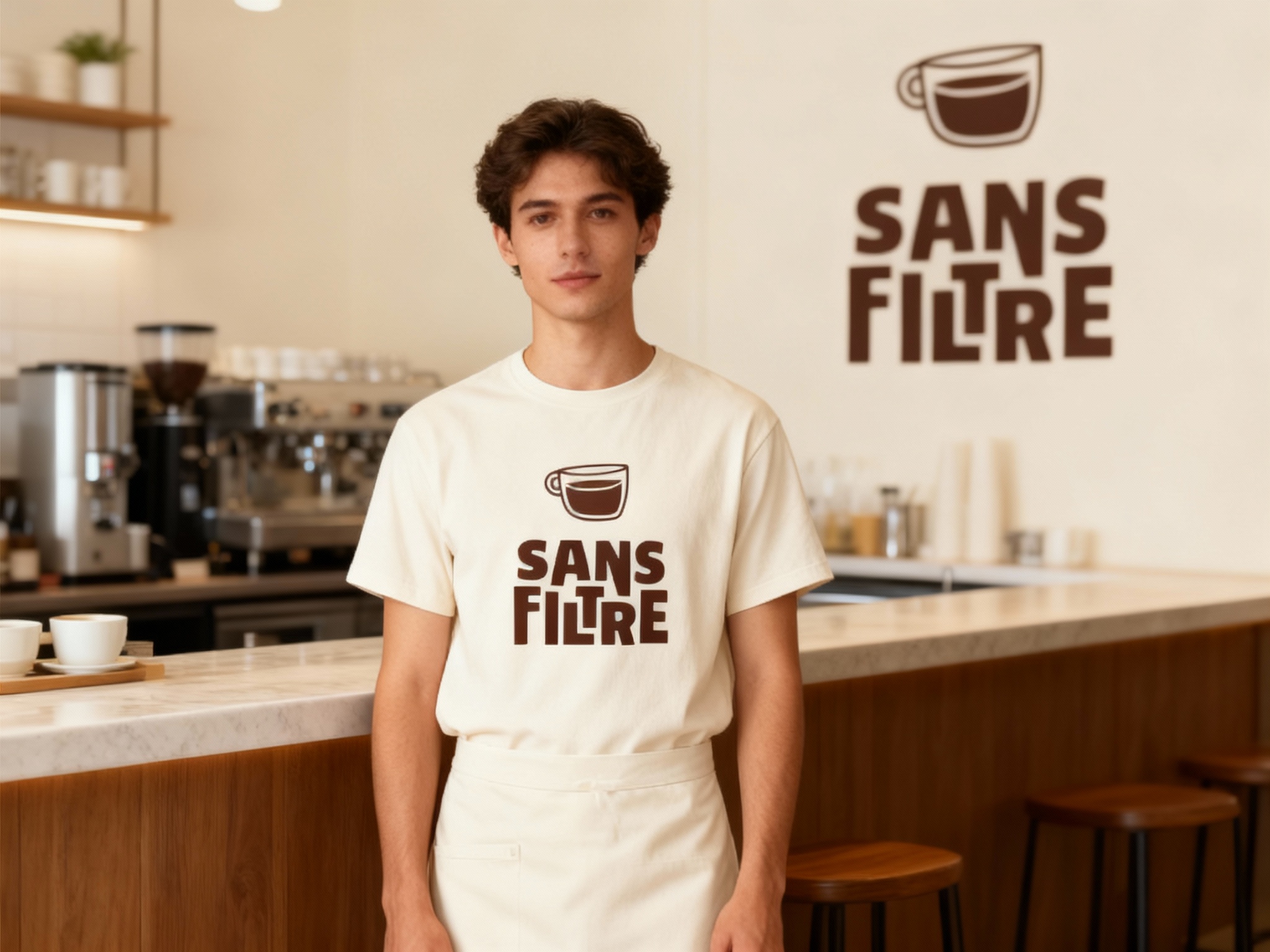 生成员工形象展示图，员工穿着纯色工作服，（将参考图中的LOGO）在工作服上清晰可见，员工站在吧台或店内（空间保持品牌一致性），姿态自然，光线柔和，工作服可选择米白色，LOGO印于胸前位置，整体造型简约大方。