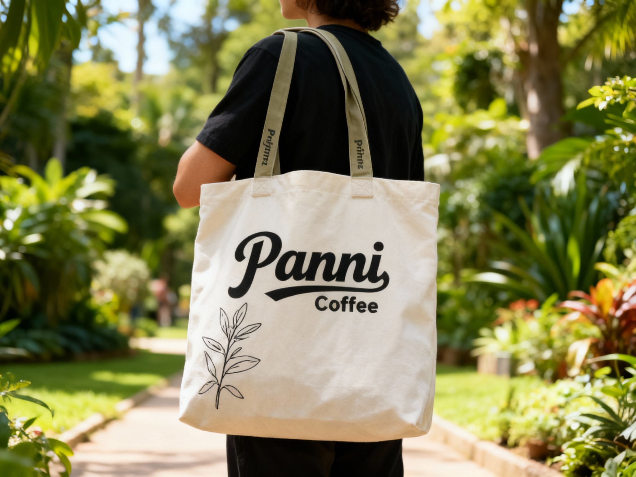 一个人背着米白色帆布袋，肩带为品牌色，袋子上印有Panni Coffee LOGO和简约的植物线条画。背景是绿意盎然的公园或植物园，阳光明媚，营造一种崇尚自然、环保时尚的生活方式氛围。