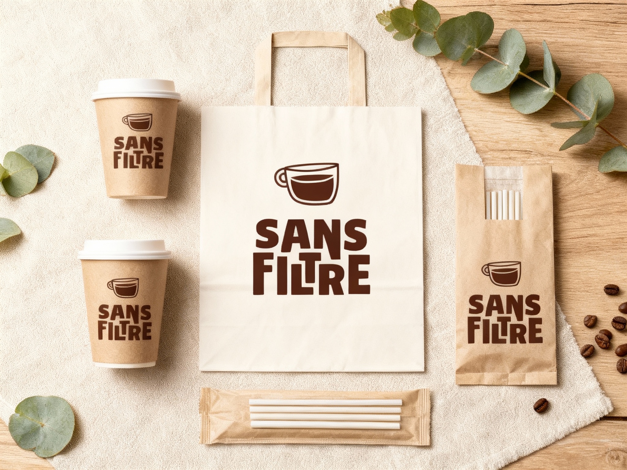 设计咖啡产品平铺拍摄图，包含纸杯、手提袋、打包袋、吸管包装等。背景为浅米色亚麻布或原木桌面，物品周围随意散落几片尤加利叶和新鲜咖啡豆。（智能提取参考图中的LOGO主体并去除原背景）清晰印制在各产品表面，透视关系准确，无白边。色彩统一为大地色或品牌色，自然光漫射，呈现高级整洁的摆拍感。
