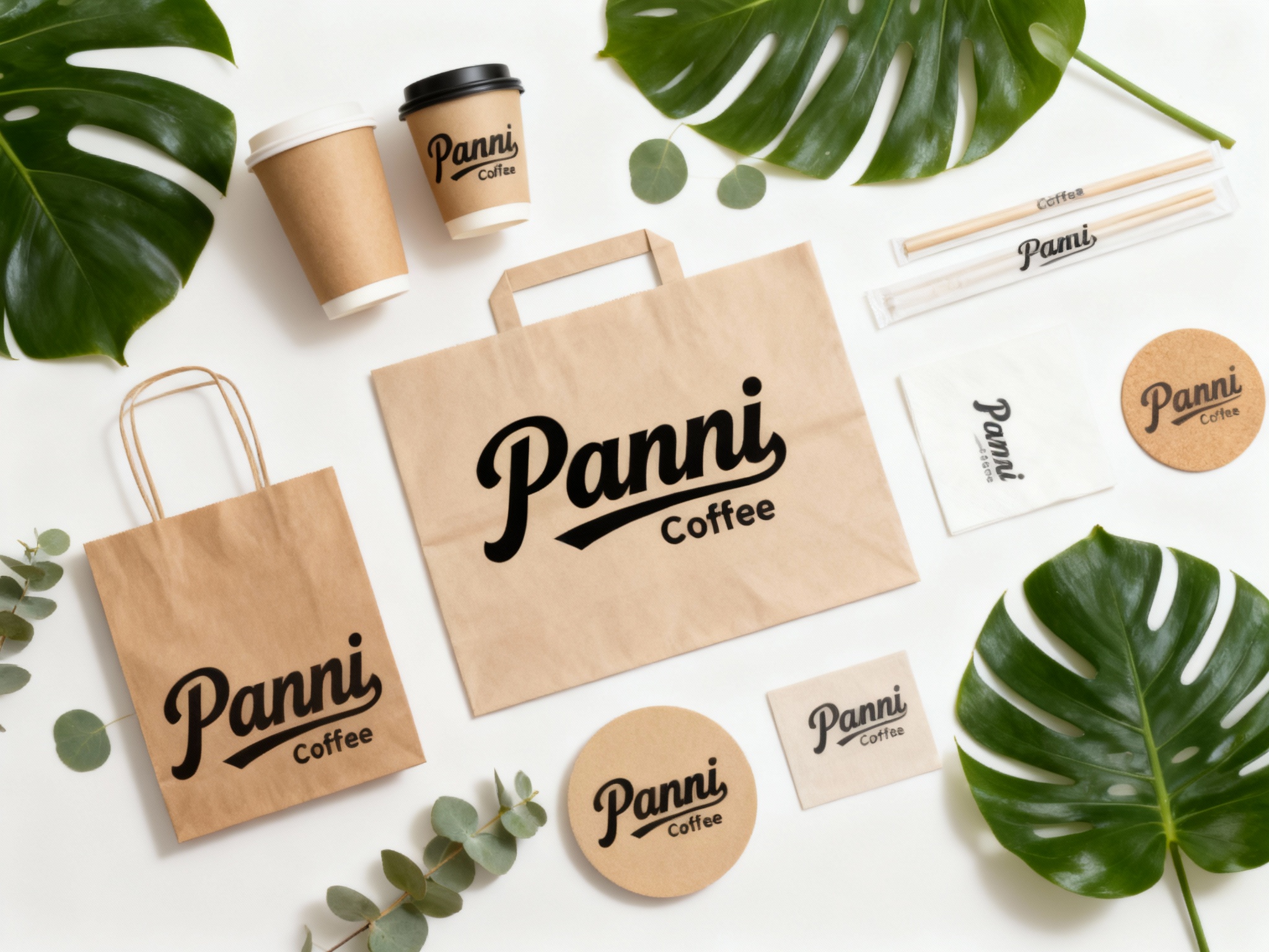 咖啡产品平铺拍摄图，包含纸杯、手提袋、打包袋、吸管包装、餐巾纸、杯垫等。物品周围随意摆放几片尤加利叶或龟背竹叶片，自然光漫射，Panni Coffee LOGO在各产品上清晰展示，色彩统一为大地色系或品牌色，呈现高级、整洁且富有生机的INS风摆拍感。