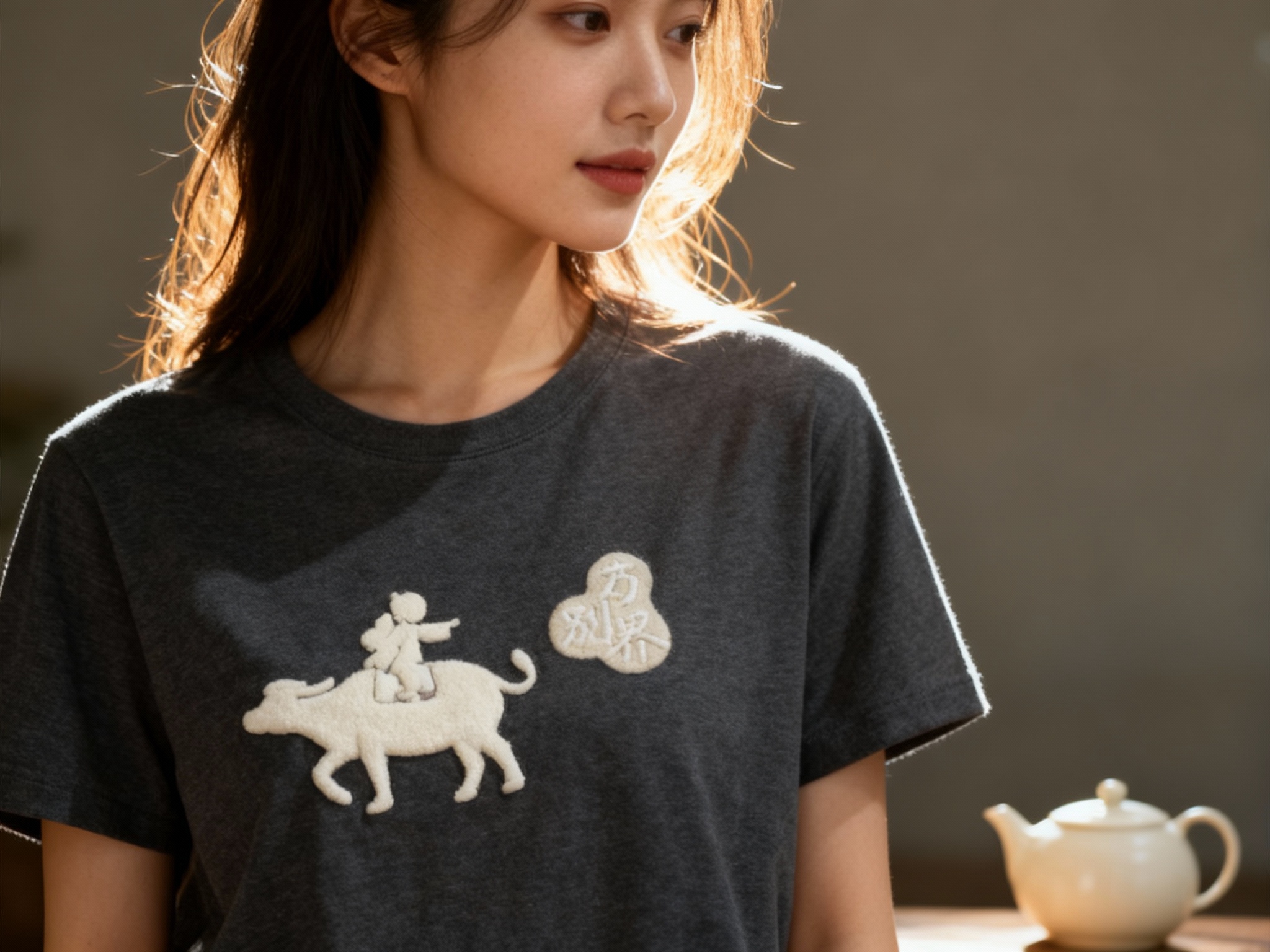 提取参考图的LOGO单独呈现，改为米白色，25岁亚洲女性模特，身着深灰纯色T恤，米白色LOGO以植绒印花工艺呈现，触感立体柔软，逆光侧拍，光线透过发丝与T恤边缘，形成柔和光晕，LOGO在侧光下呈现轻微阴影，增强层次感，背景虚化呈低饱和色调，画面右侧放置一个米白色陶瓷茶壶，与LOGO色调和谐，营造宁静氛围