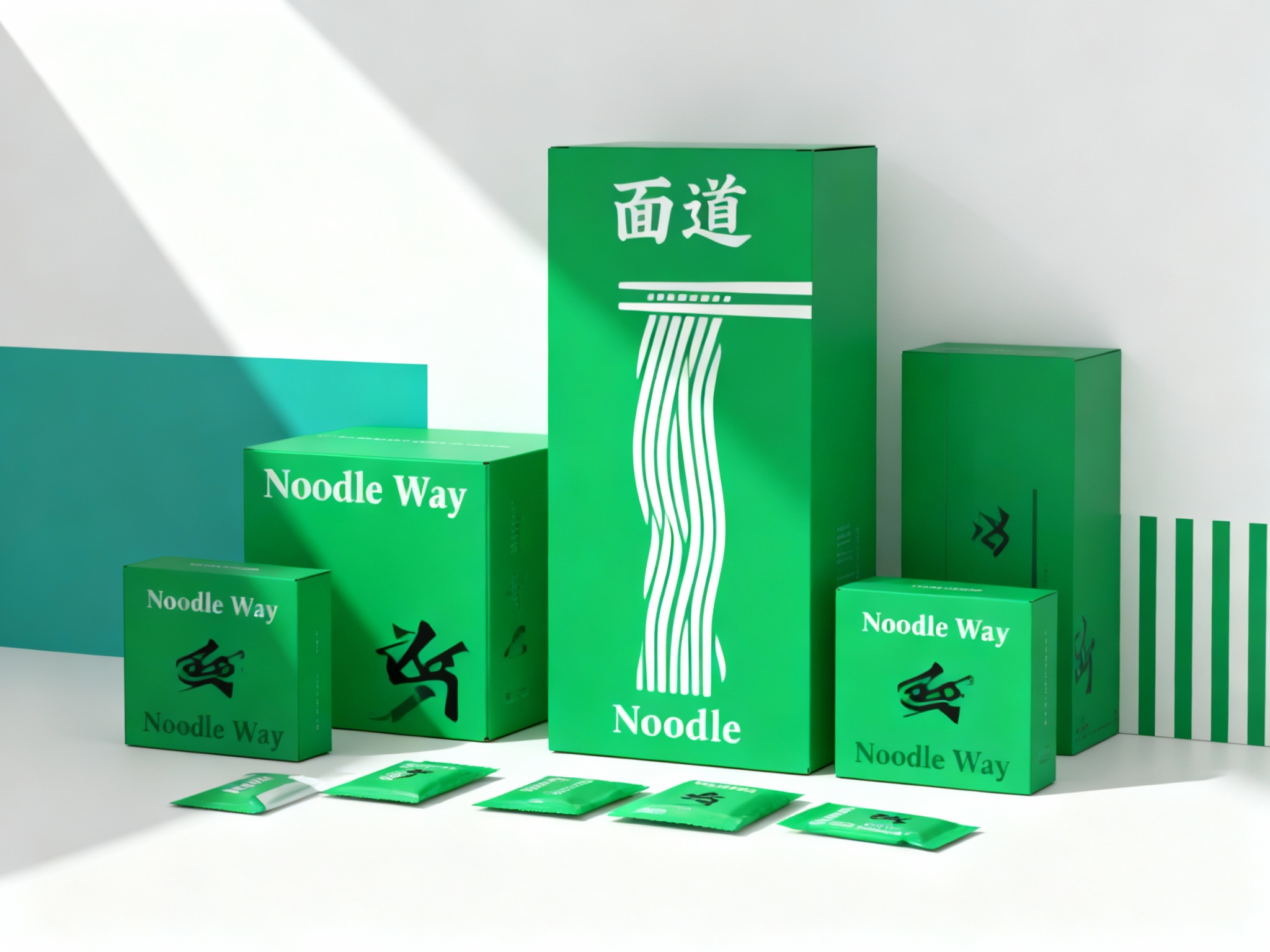 现代简约风格面条产品包装展示，（将参考图中的LOGO保持一致不要出现变形）白色背景搭配提供的品牌色（保持提示词的主色）几何色块。画面主体为多个品牌色包装盒，包括大盒（印有白色品牌名称和面条剪影）、小盒，均印有 “Noodle Way” 字样和黑色品牌标识。包装盒下方散落着同色系的小包装袋。整体构图采用高低错落的排列方式，光线从左上角斜射，形成清晰的阴影，突出包装盒的立体感和色彩对比，展现产品系列的多样性与品牌视觉统一性。