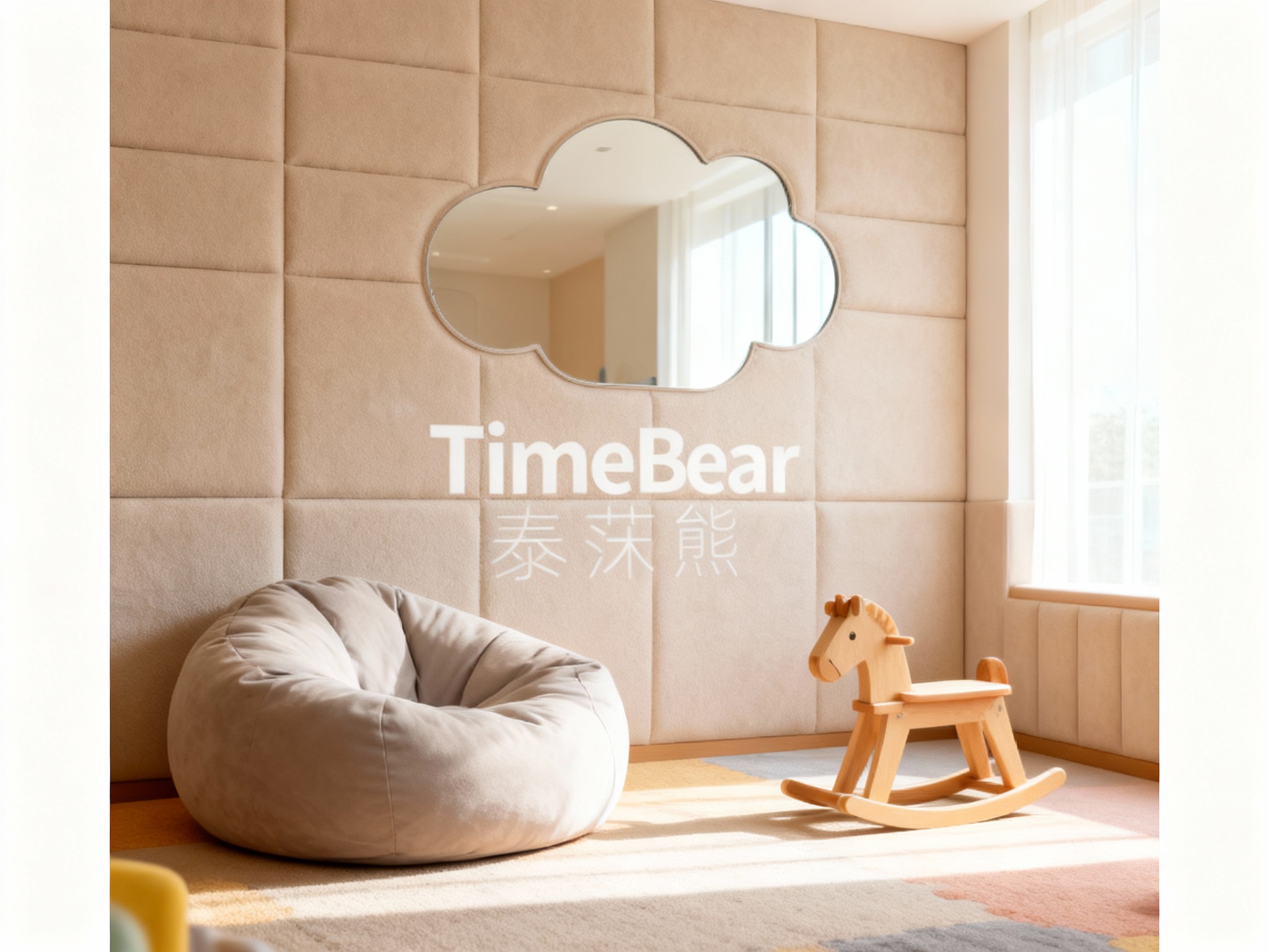 生成店内亲子互动区或休息区场景。设计采用全软包的墙面和地面，放置着设计感极强的懒人沙发和木马。墙面上设计了云朵形状的镜子。（智能提取参考图中的LOGO主体并去除原背景）作为墙面装饰的一部分，融入卡通元素。光线模拟自然光，明亮通透，展现高端亲子空间的舒适与安全。