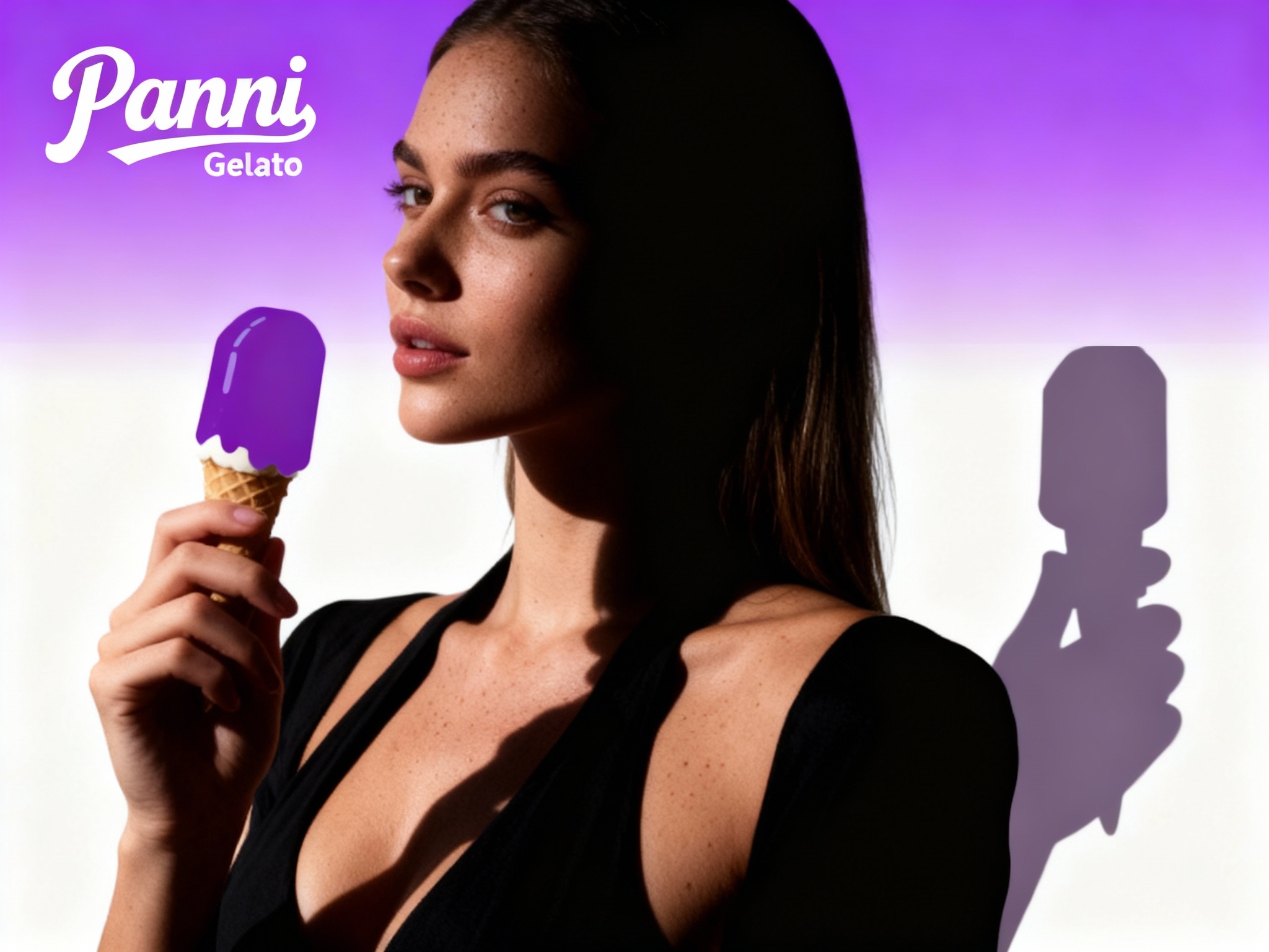设计品牌海报用主色 #紫色 ，时尚剪影摄影风格,时尚大片,一个女生模特,穿着时尚黑色服装手拿带着意式冰淇淋，（将参考图中的LOGO）只出现一次位于左上角），清晰的毛孔,肌肤真实细节,产品剪影,品牌色向白色渐变背景,特写镜头,平视视角,高清分辨率,高细节