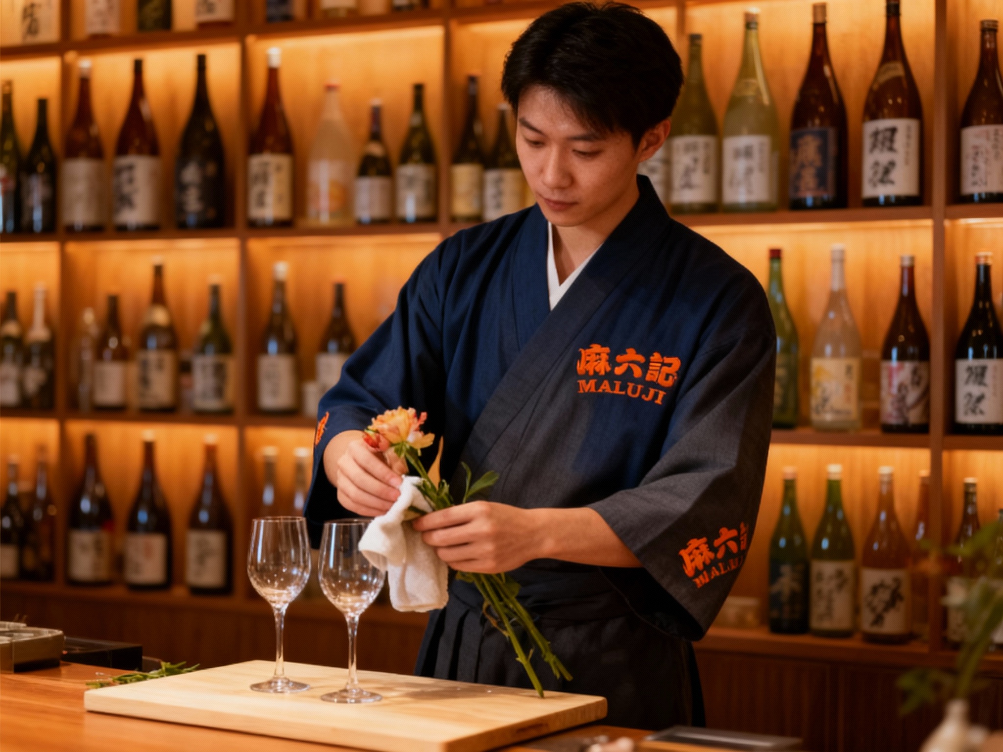 生成员工形象展示图。员工身穿传统的日式作务衣（Samue）或改良和服，颜色为藏蓝或炭灰，胸口或衣袖处刺绣着精致的（智能提取参考图中的LOGO主体并去除原背景）。员工站在板前专注地擦拭酒杯或修整花材，背景是排列整齐的清酒瓶墙，光线温暖，展现职人的匠心精神。