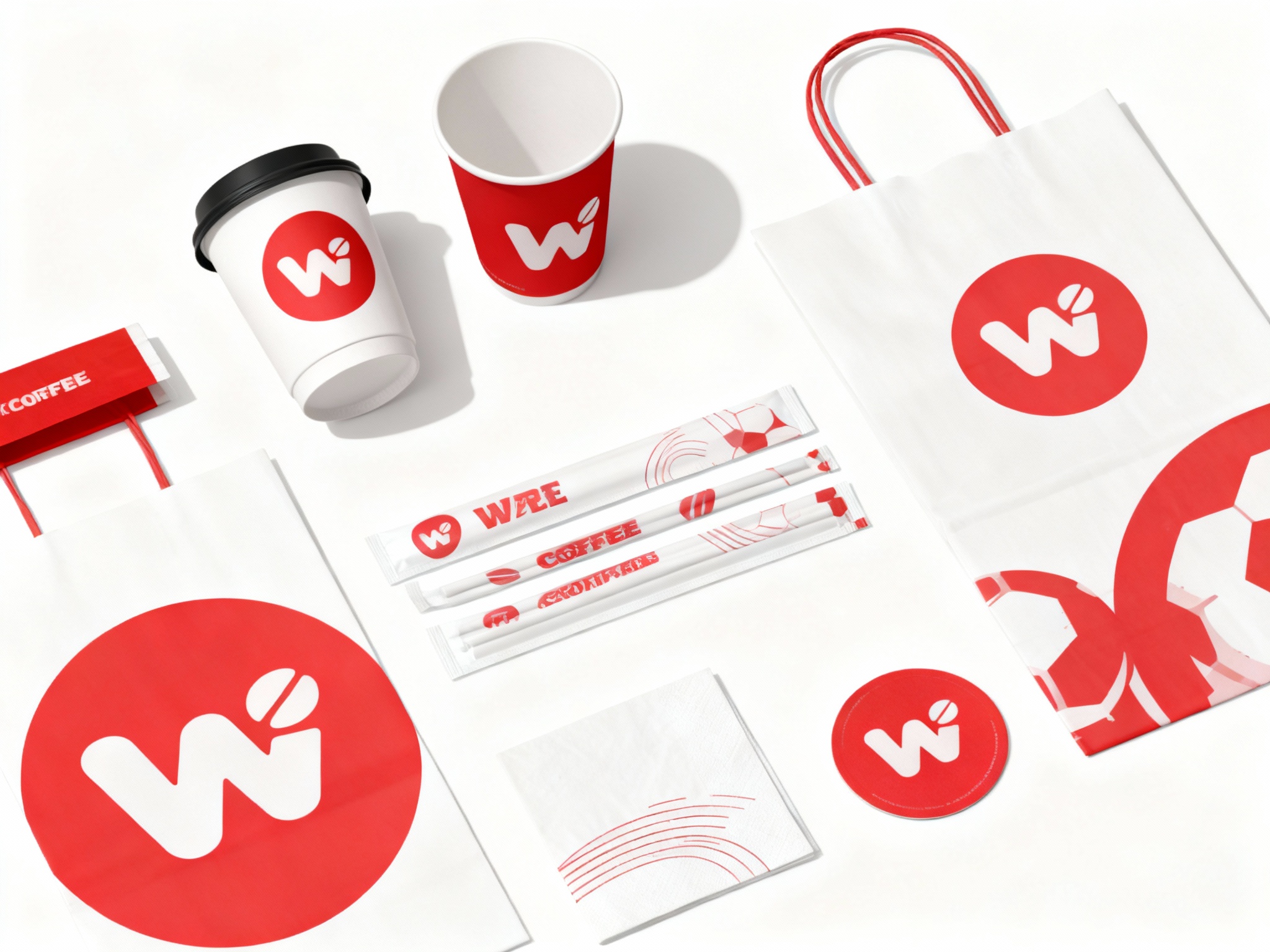 设计咖啡产品平铺拍摄图，包含纸杯、手提袋、打包袋、吸管包装、餐巾纸、杯垫等，（将参考图中的LOGO）在各产品上清晰展示，色彩统一为#红色和#白色，光影柔和，呈现高级整洁感，部分产品上加入足球元素的抽象图案或线条，增强品牌辨识度。