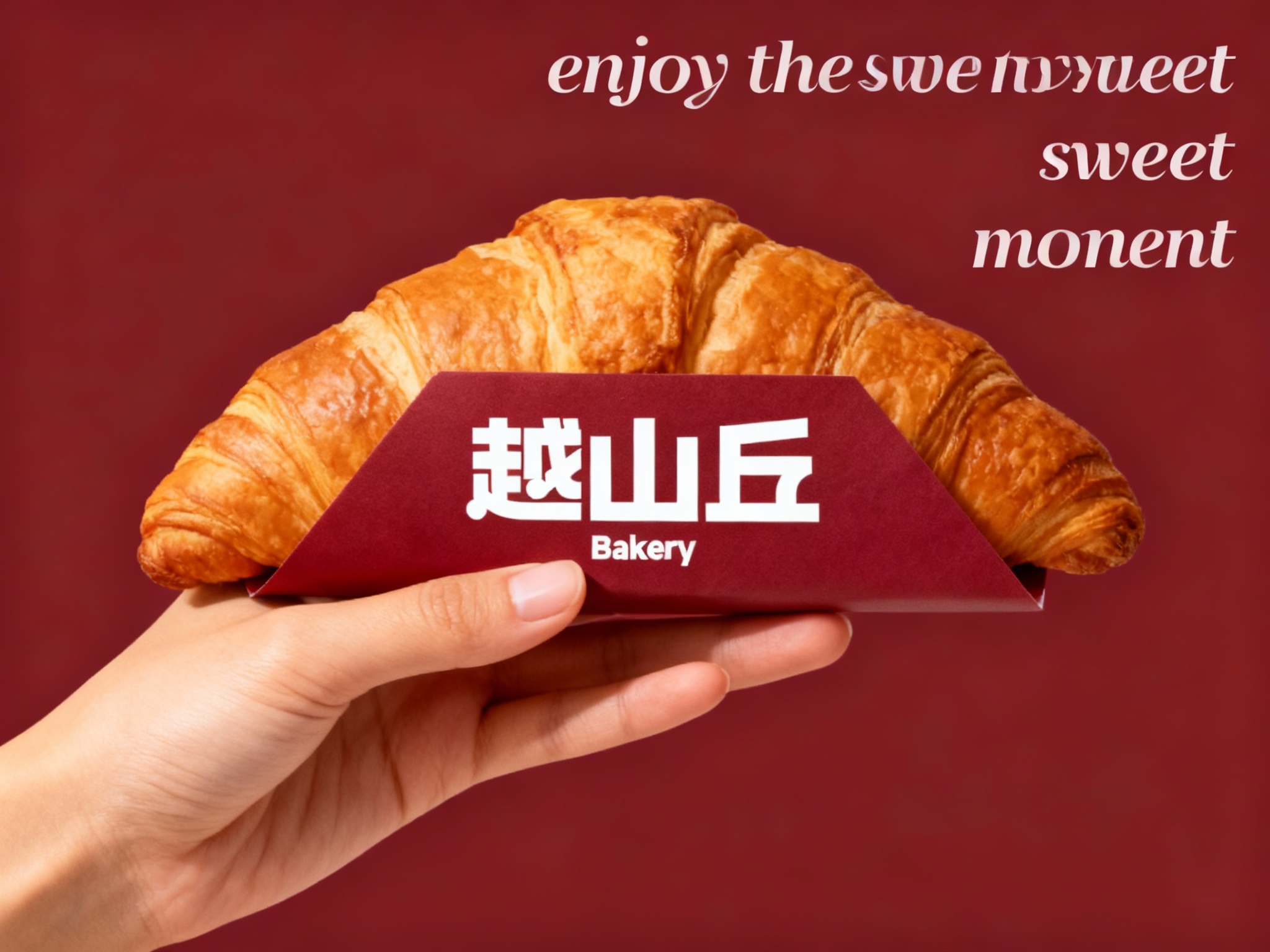 烘焙门店促销海报，以提供的主色调为背景底色，奠定温暖且具质感的视觉基调。画面核心视觉为一只肤色自然的手，端着一只带有品牌特色装饰（将参考图中的LOGO）在烘焙食品（例如牛角包）包装（将参考图中的LOGO 保持一致不要出现变形）延续#品牌主色上清晰可见，手和烘焙食品包装比例协调，包装简约无过多装饰，与背景形成鲜明色彩呼应，成为视觉焦点。海报上方，右侧用轻盈的英文书写 “enjoy the sweet moment” ，营造轻松邀请氛围 。文字排版规整，信息清晰易读，整体风格简约直接，精准传递烘焙门店温馨、美味且注重品质的品牌形象 。