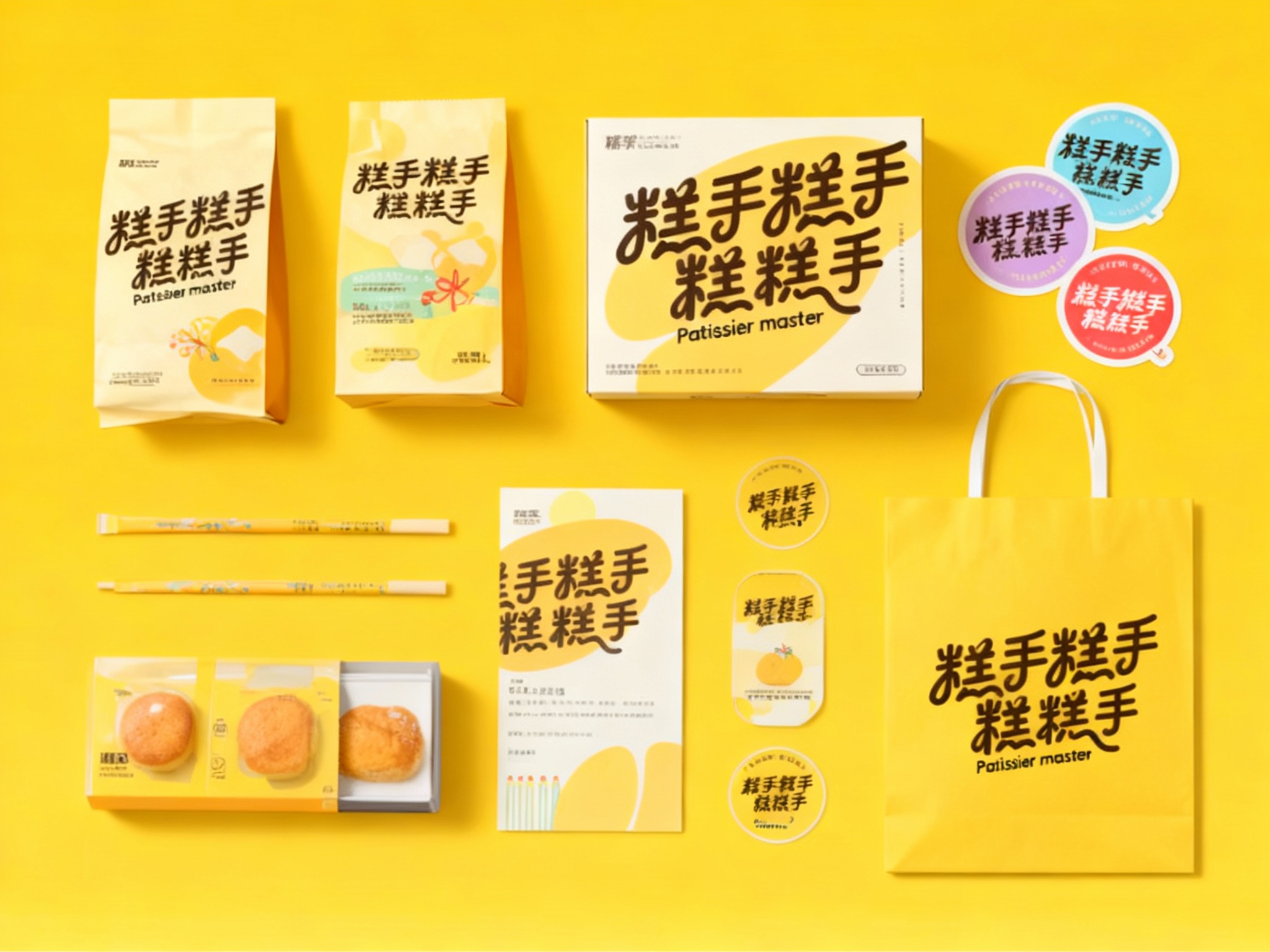 设计平铺物料图（Flat Lay），展示包装袋、纸盒、贴纸、手提袋等，LOGO清晰，颜色搭配活泼、温暖，突出品牌年轻化与时尚感。