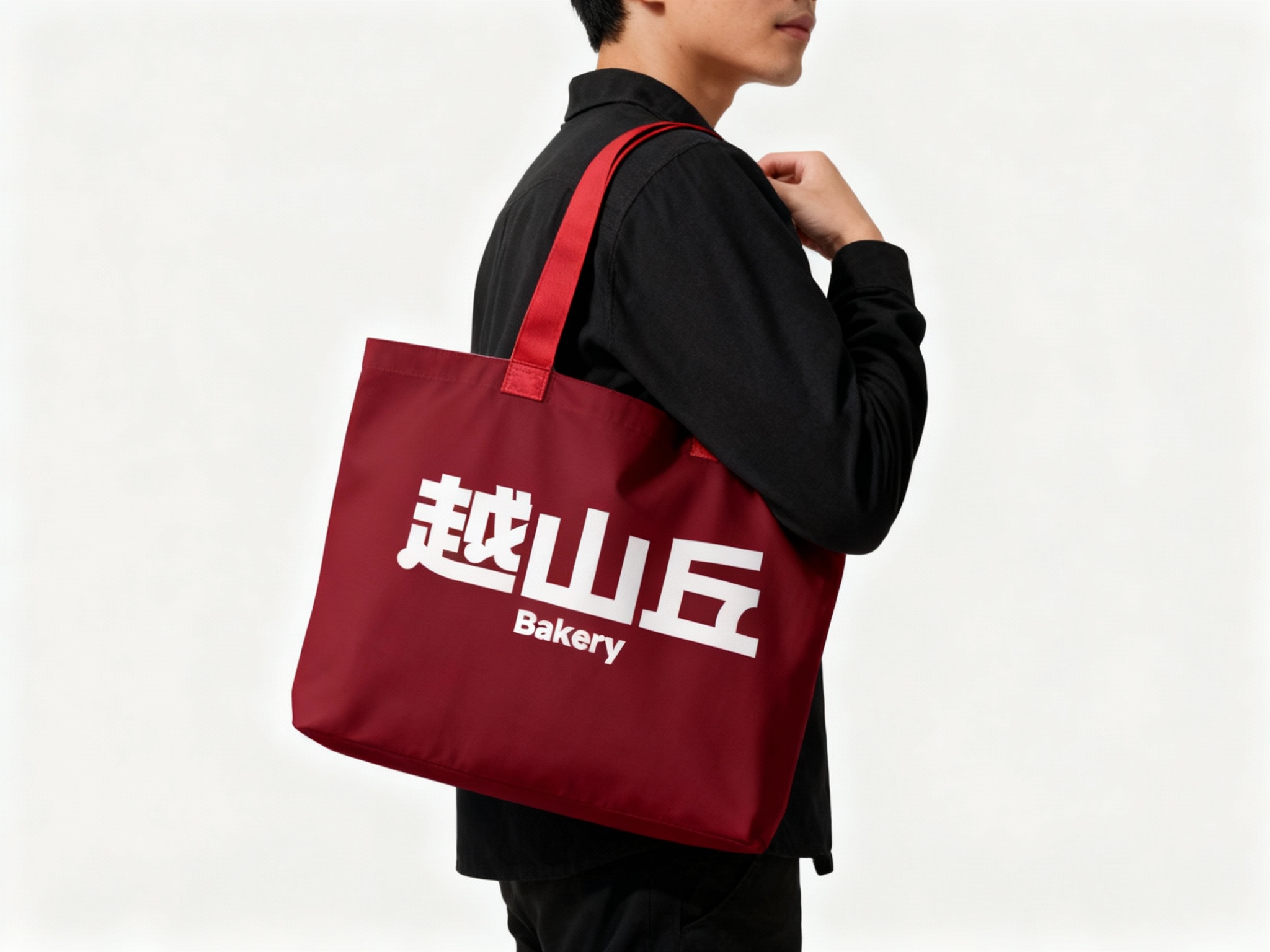 一个人背着#品牌主色手提袋，品牌色肩带点缀（将参考图中的LOGO保持一致性不要变形）在手提袋上清晰可见，营造时尚、有品牌标识性的氛围，可展示潮流品牌的手提袋设计及实际使用效果 。