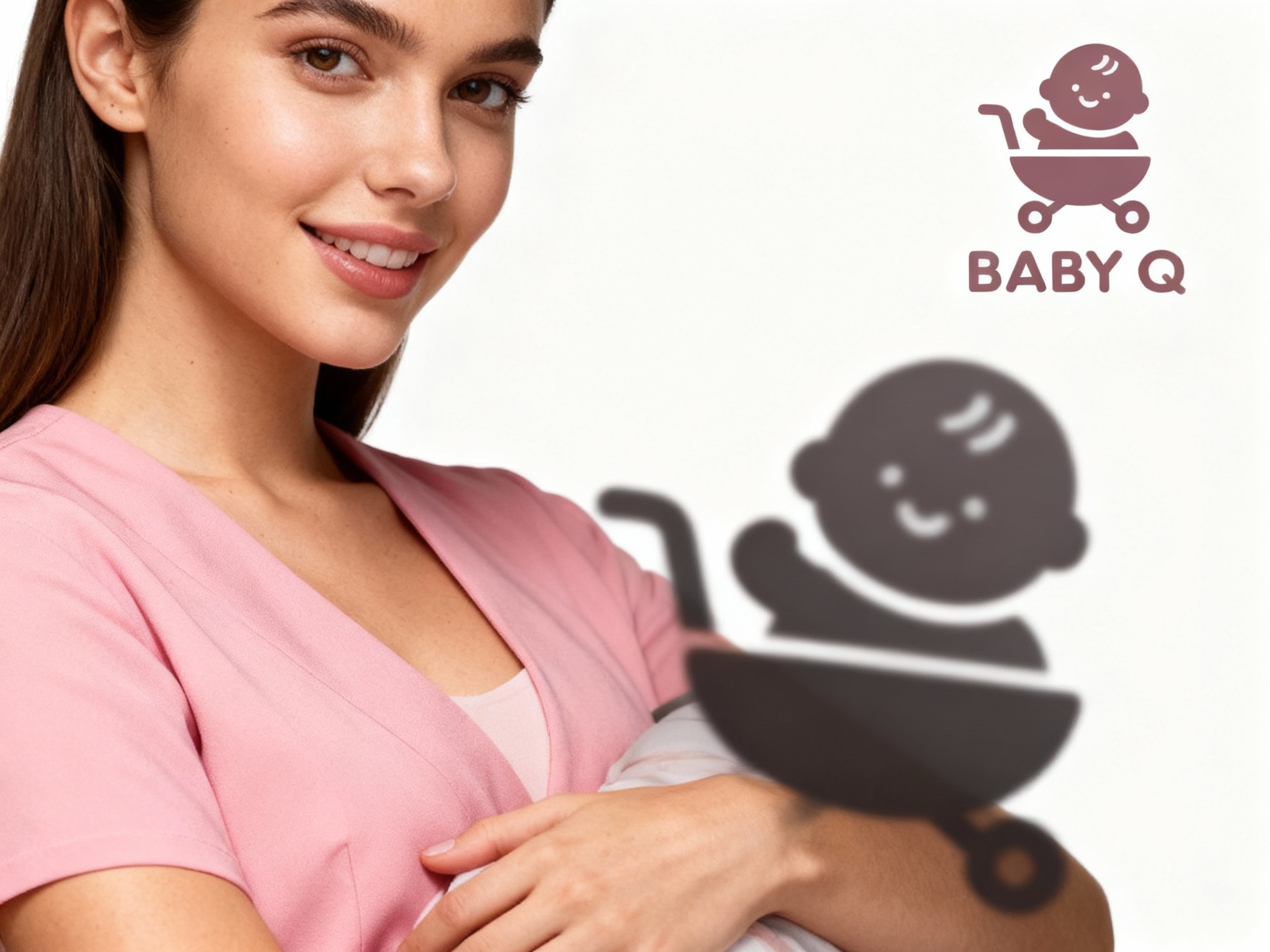 设计品牌海报，时尚剪影摄影风格,时尚大片,一个女生模特,穿着时尚粉色服装抱着带有（将参考图中的LOGO）的婴儿，（将参考图中的LOGO）位于左上角或右上角（根据实际情况设置），清晰的肌肤真实细节,产品剪影,品牌色向白色渐变背景,特写镜头,平视视角,高清分辨率,高细节