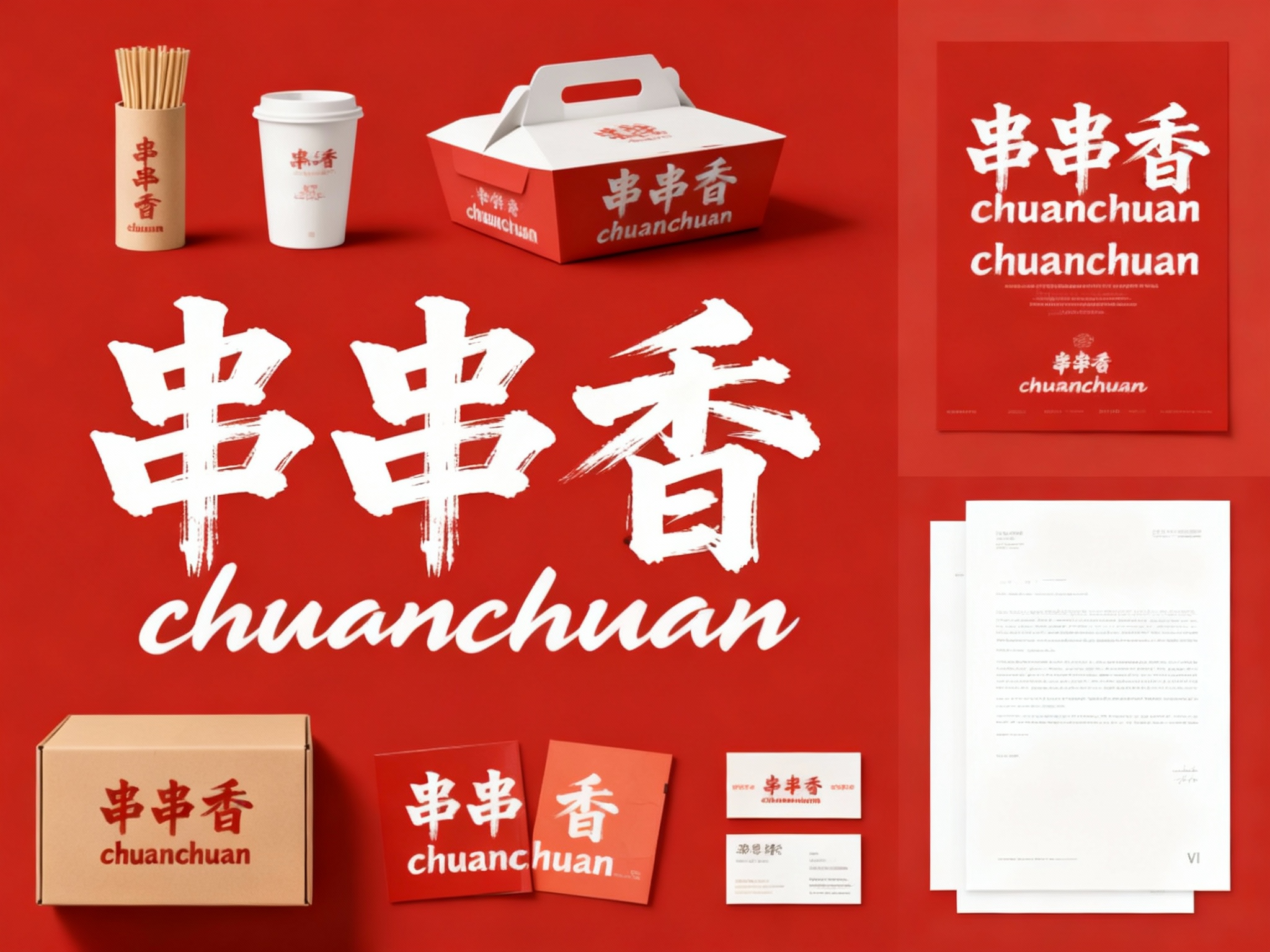 生成串串产品展示图，品牌VI展示，它包括纸质签筒、外带盒、水杯、纸盒、印刷海报、名片、小册子、信纸设计、纯色、简单的背景、平面布局和融合美学、高分辨率摄影、高质量细节、顶级商业表现形式延续品牌色调，（将参考图中的LOGO 保持一致不要出现变形）在相应载体上合理呈现，突出串串品质与品牌形象，红色背景与白色文字形成强烈对比。